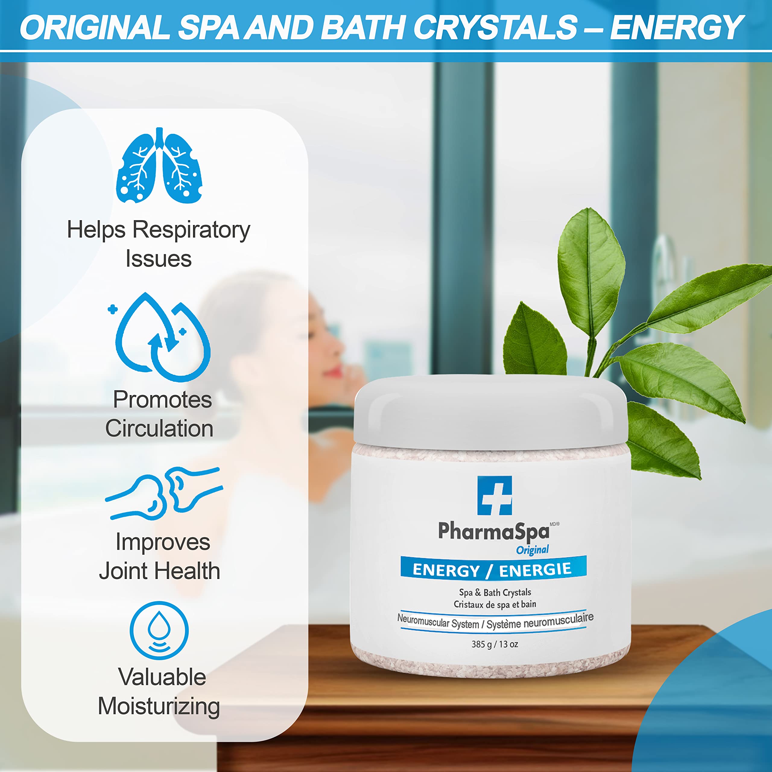Pharmaspa Original : Cristaux de spa et de bain aux extraits entièrement naturels – 385 g/13 oz – Sel de bain d'Epsom pour l'aromathérapie et la relaxation dans les spas – Sans gluten, sans parabènes, sans cruauté