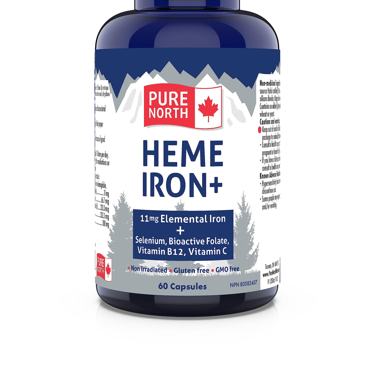 PURE Heme Iron Supplement 60 Capsules, 60-Day Supply - 11mg Elemental Iron + Selenium, Bioactive Folate, Vitamin B12, Vitamin C PURE NORTH NATURALS - 3rd Party Tested - Formulated & Made in Canada