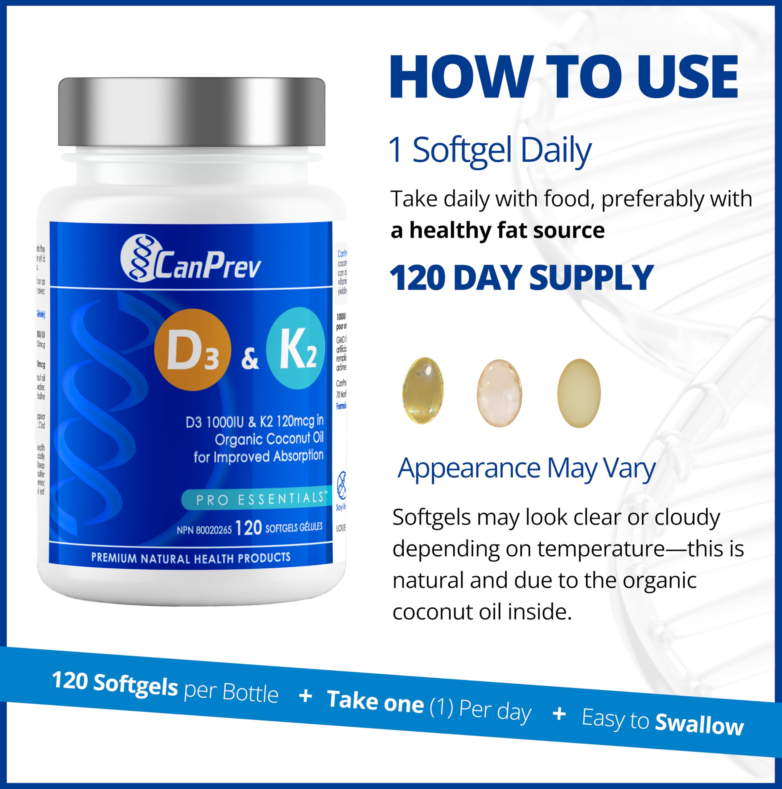 CanPrev D3 & K2 - Huile de coco biologique l Aide à la formation et au maintien de la santé osseuse l Avec vitamine D3 et K2