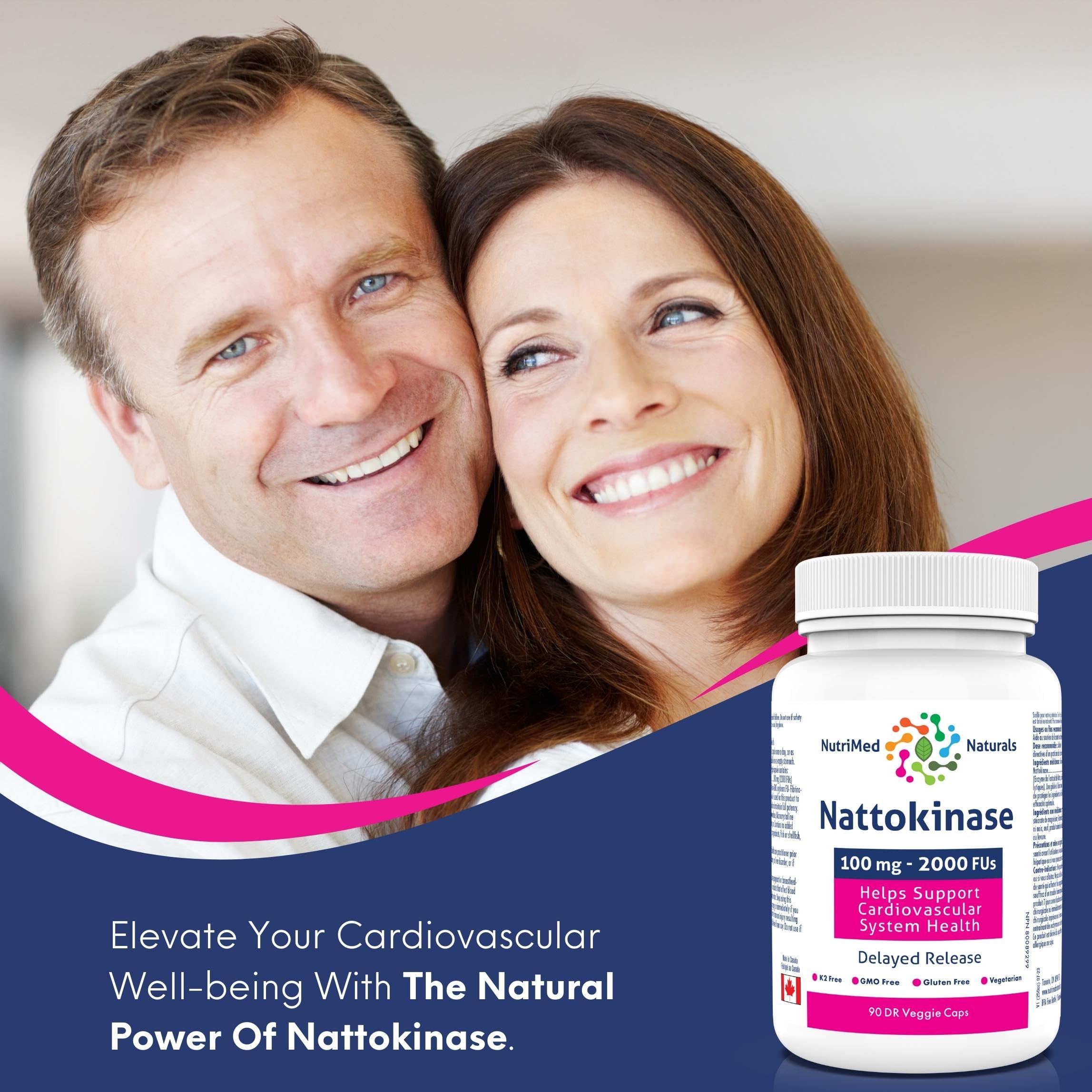 Nutrimed Naturals - Nattokinase Gélules 90 Gélules - Approvisionnement de 90 jours - Nattokinase 100mg 2000 FUs - Aide à soutenir la santé du système cardiovasculaire - Testé par des tiers - Formulé et fabriqué au Canada