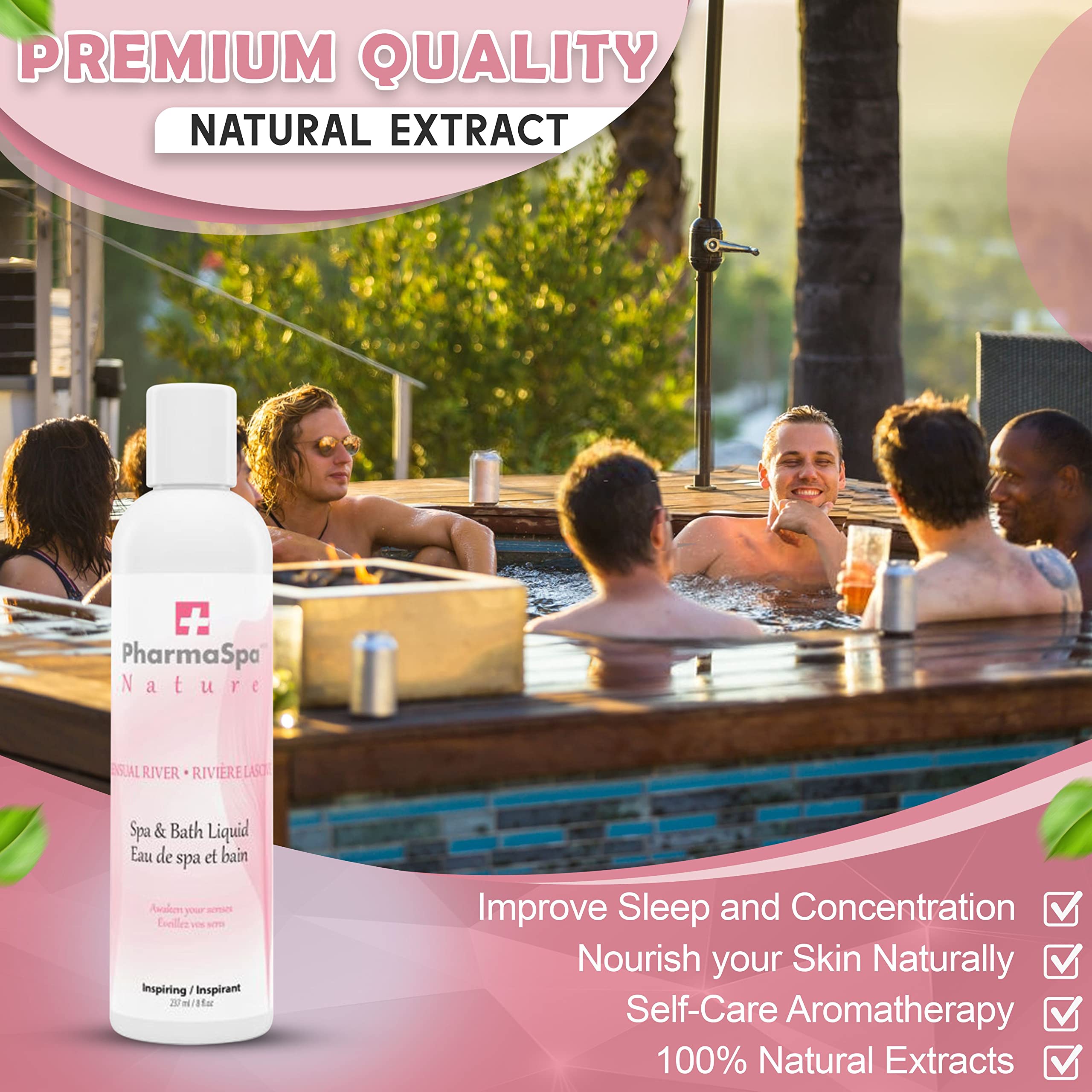 Pharmaspa Nature : Liquide pour spa et bain avec extraits entièrement naturels - 237 g/8 fl oz – Liquide d'aromathérapie pour spa – Sans gluten, sans parabènes, non testé sur les animaux
