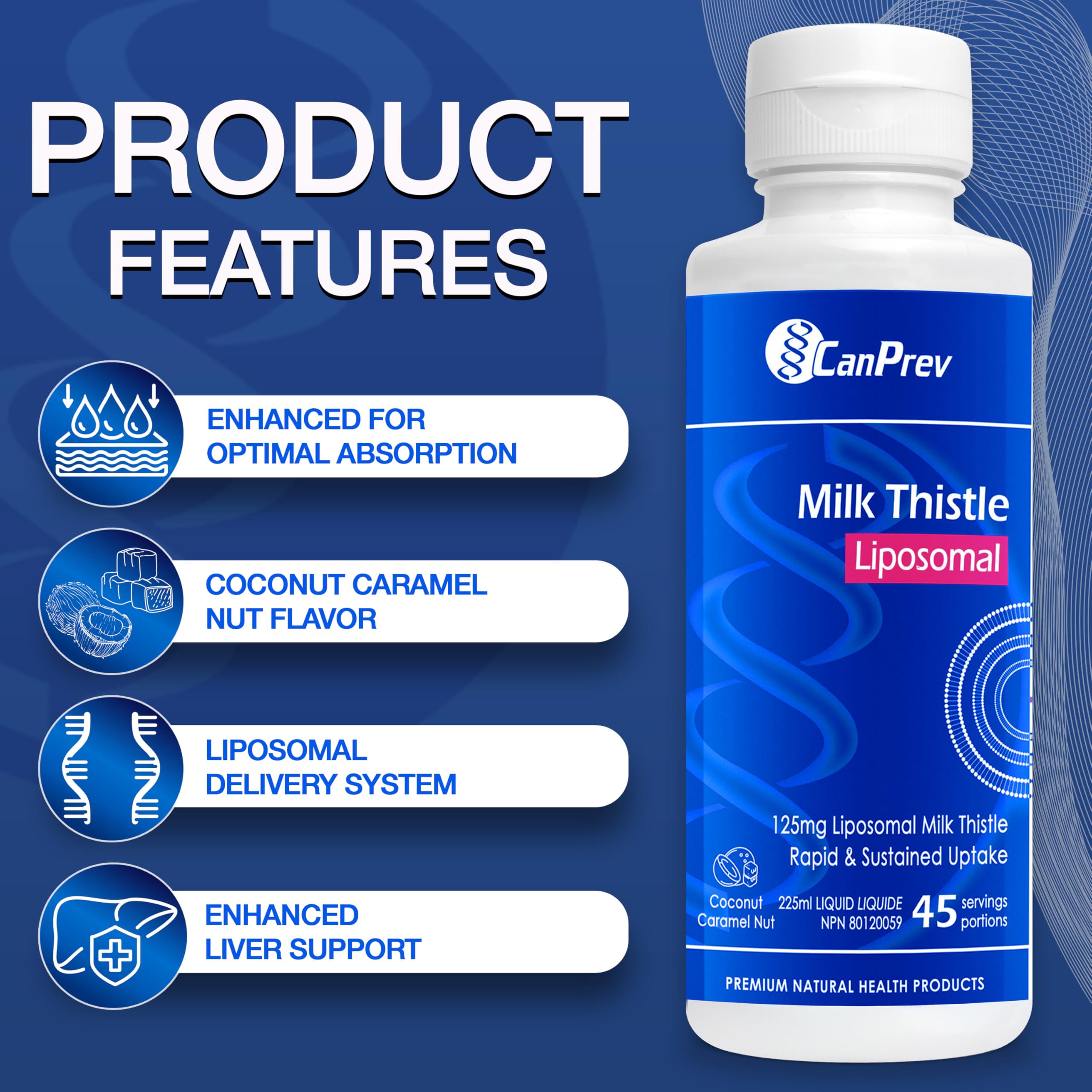 CanPrev Chardon-Marie Liposomal 225ml Liquide 45 portions – Noix de coco, caramel, sans alcool ajouté, favorise la fonction hépatique et l'équilibre digestif - Végétalien, sans OGM et sans gluten