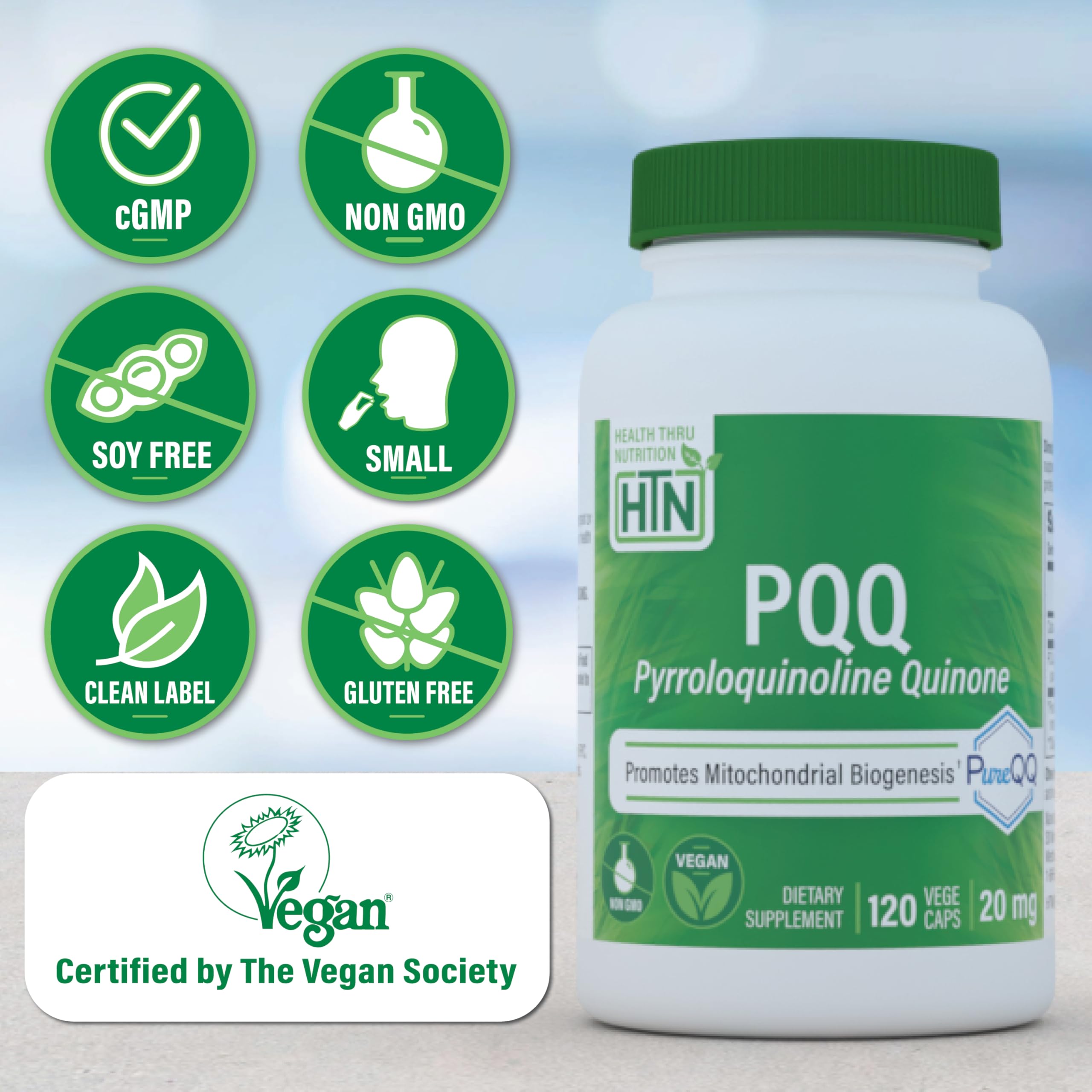 Health Thru Nutrition Pure PQQ - High Potency PQQ 20mg, 120 Vegan Capsules for Mitochondrial Support, Enhanced Energy, Non-GMO, Soy & Gluten-Free, Clean Label Pyrroloquinoline Quinone Supplement