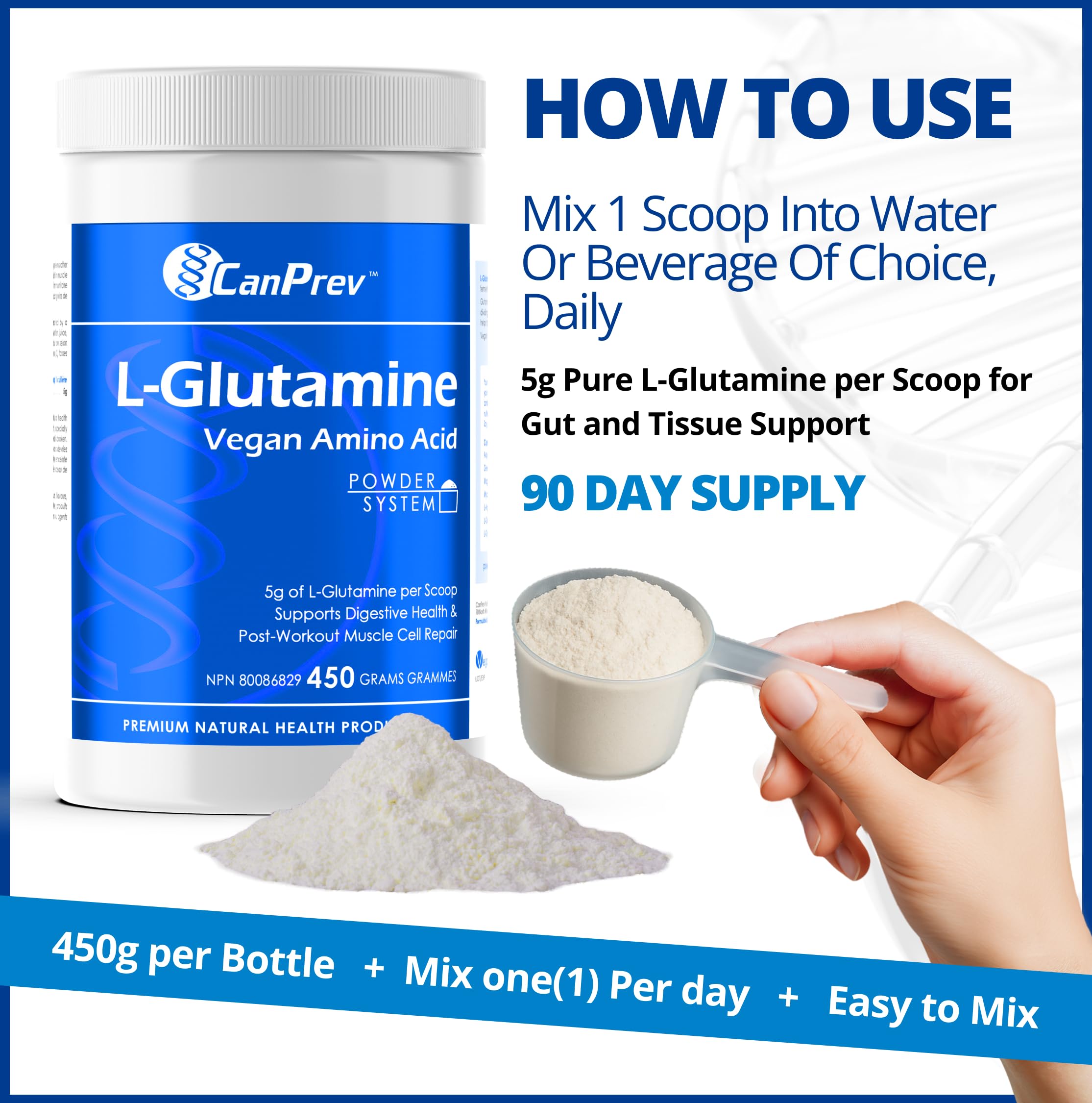 CanPrev L-Glutamine Acide Aminé Végétalien, 450g Poudre 90 Portions - Sans OGM et Sans Gluten - Supplément de Poudre de L-Glutamine pour Modes de Vie Actifs, Soin Musculaire Post-Exercice et Bien-Être Général, Non Aromatisé