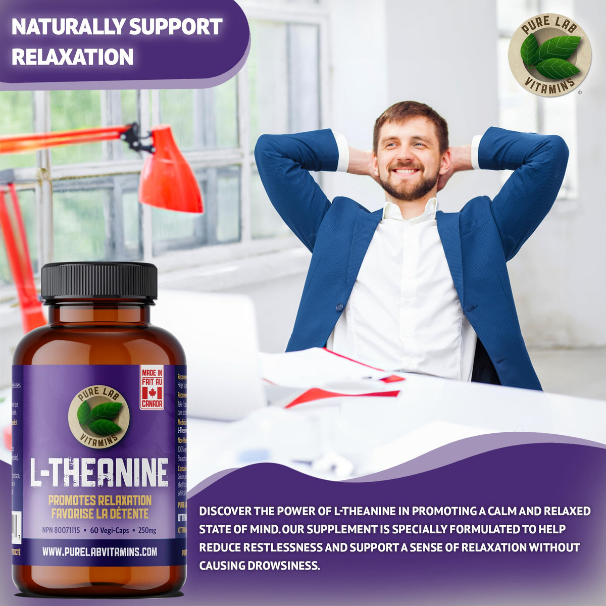 Pure Lab Vitamins | L-Theanine 250mg Vegi Capsules | Pressure and Concerns Relief Supplements | Brain Memory & Focus Supplement for Adults | Promotes Relaxation & Improves Sleep | Quality Gentle Sleep Aid