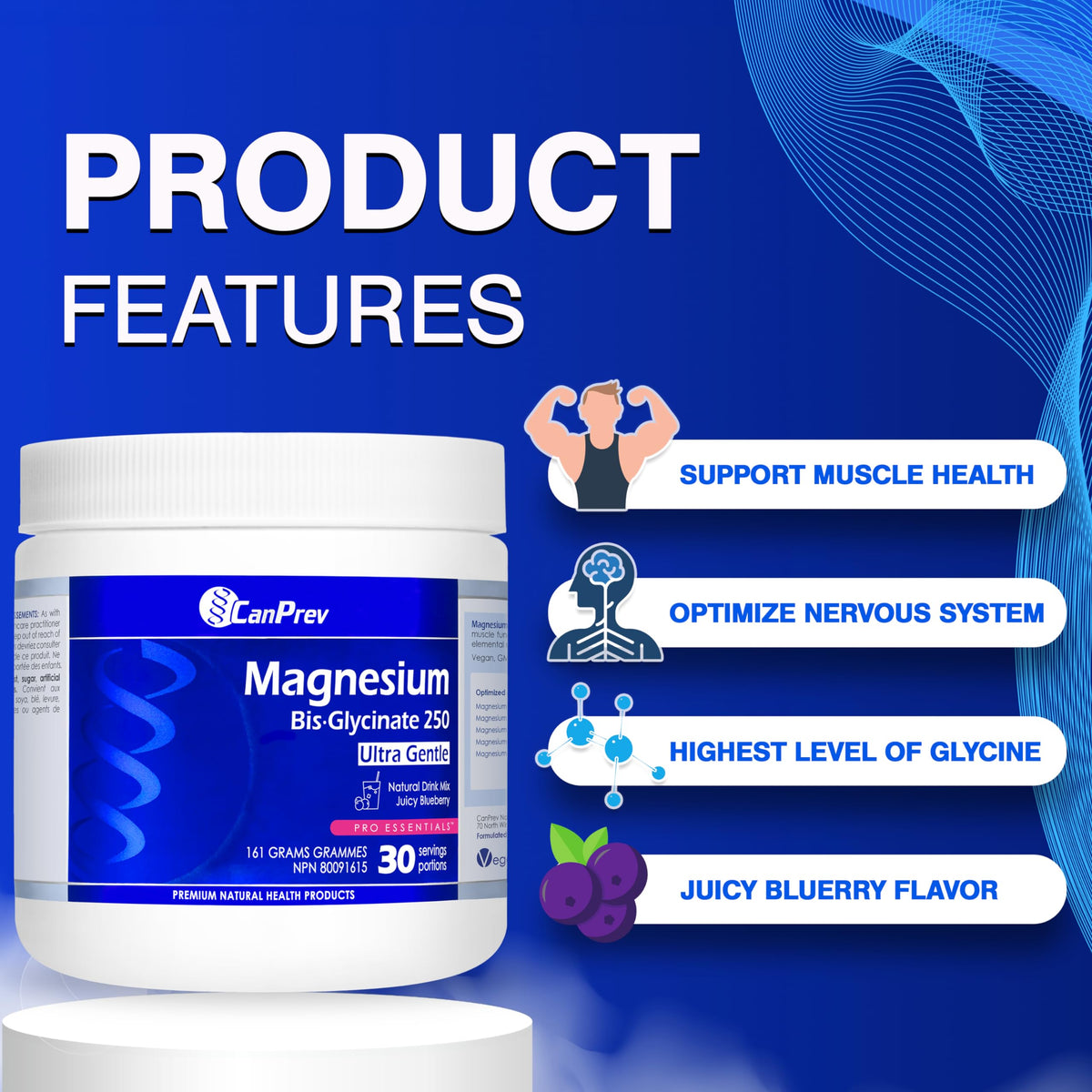 CanPrev Magnesium Bisglycinate Powder, 250 mg, Blueberry, 161g, 30 Servings
