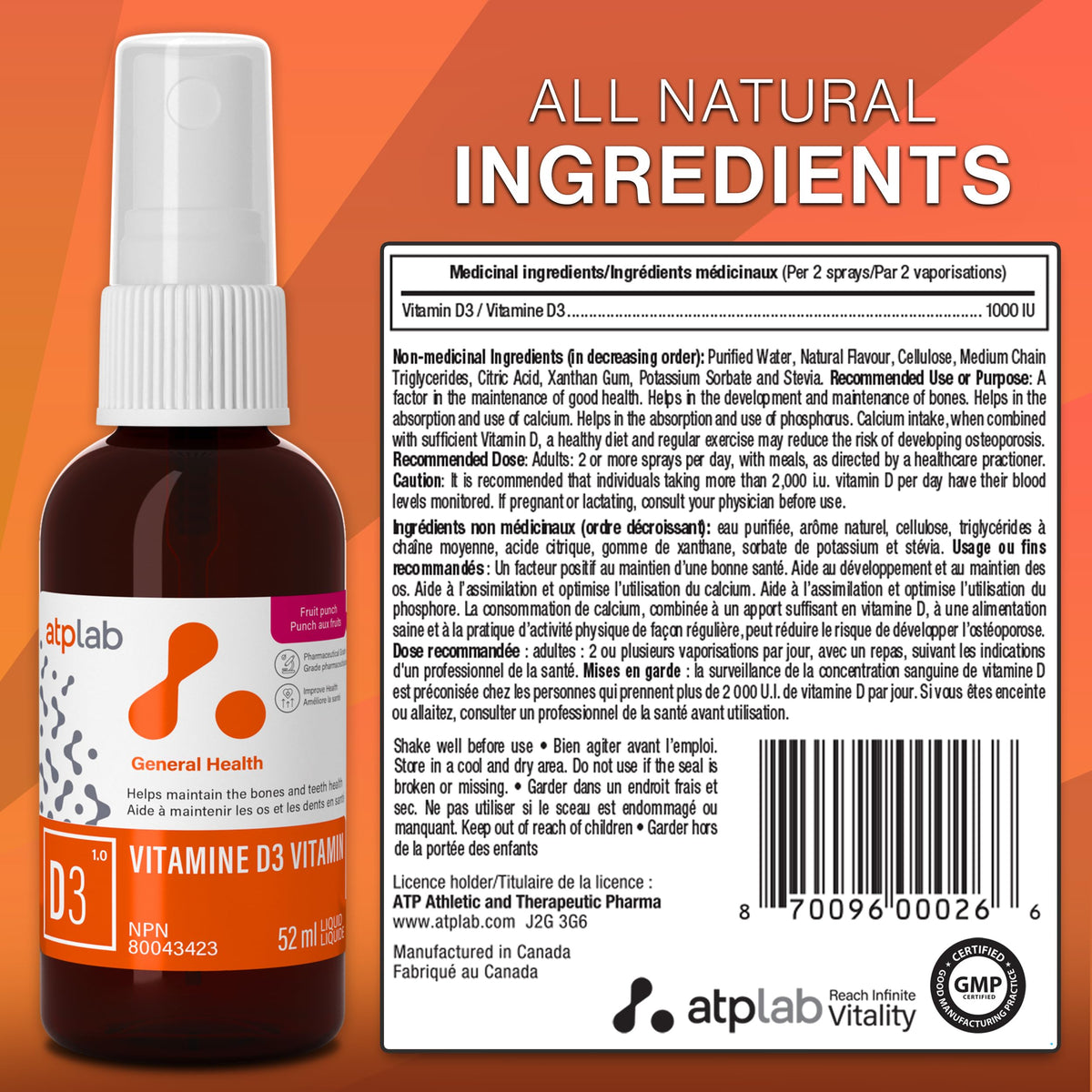 atplab Vitamin D3 Oral Spray, Vitamin D Spray, 1000 IU, 52 ml, 185 Servings