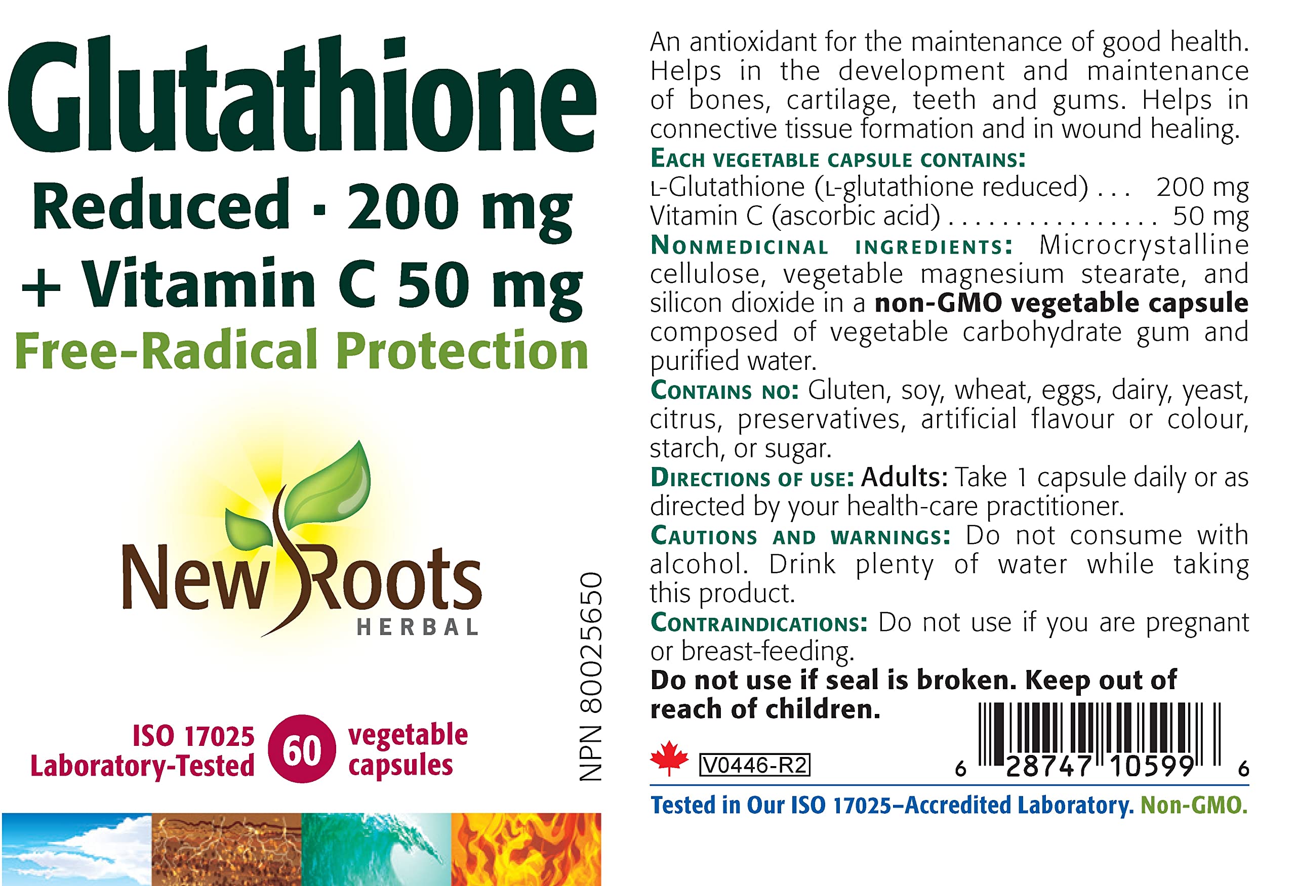 New Roots Herbal - Glutathione Reduced 200mg, 60 Capsules 60-Day Supply - L-Glutathione 200mg Vitamin-C 50mg Capsules - Helps in the Development and Maintenance of Bones, Cartilage, Teeth and Gums