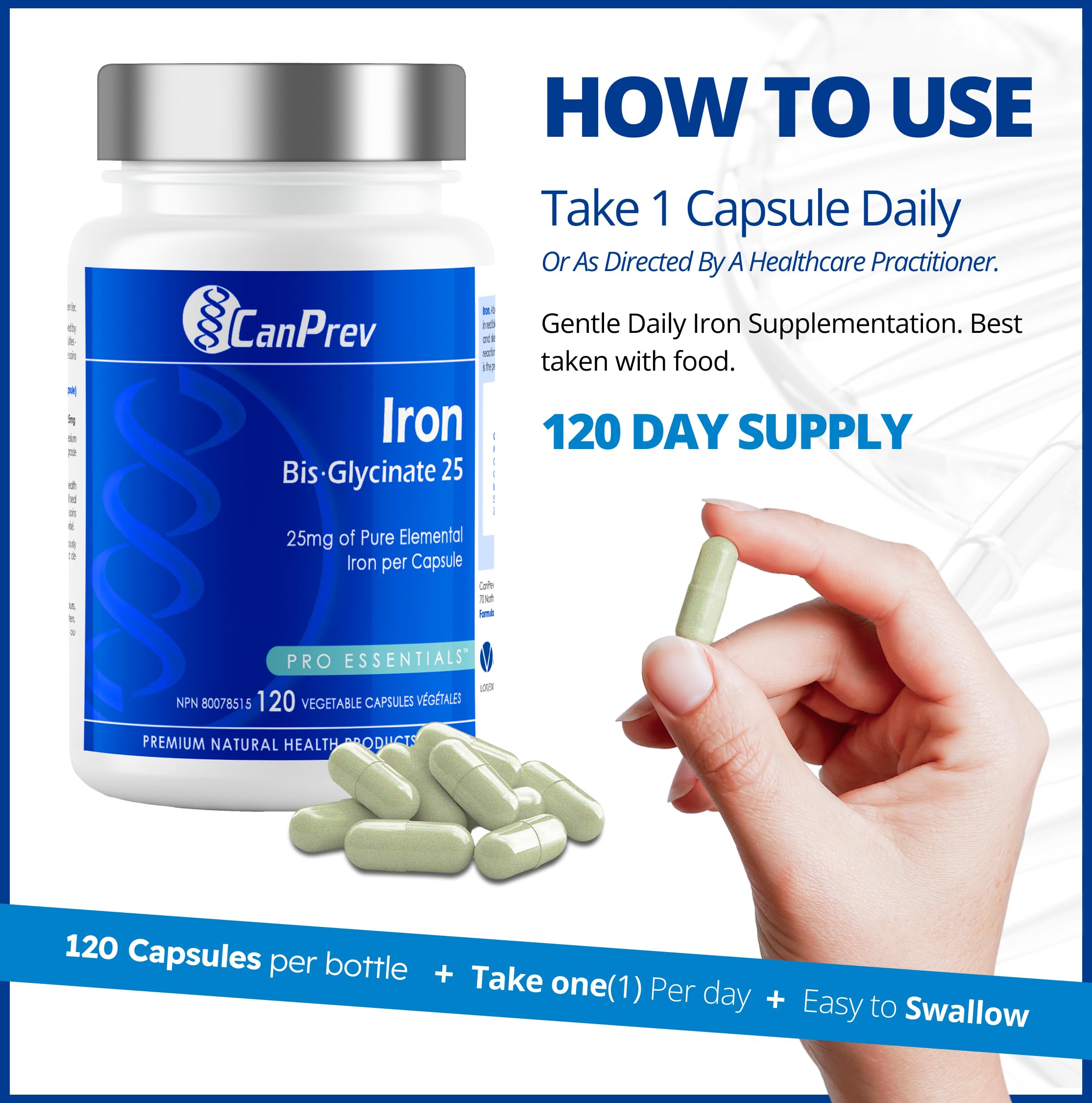 CanPrev Fer Bisglycinate 25, 120 gélules végétales — Approvisionnement de 120 jours — Supplément de fer chélaté végétalien et sans OGM — 25 mg de fer élémentaire pur — Conçu pour le confort et la facilité digestive — Favorise une absorption efficace