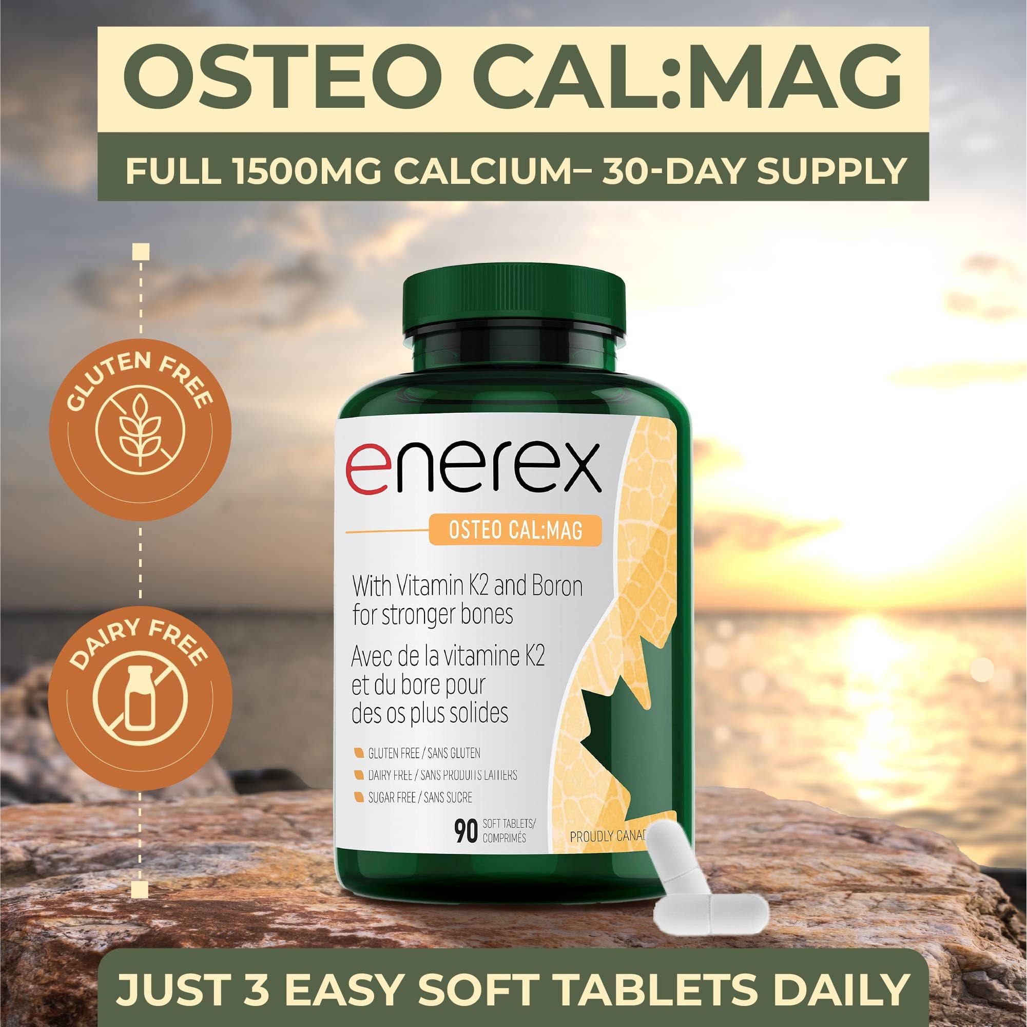 ENEREX - Ostéo Cal:Mag - Sans gluten et sans produits laitiers - Contribue au développement et au maintien des os - Calcium, magnésium, chou frisé cru biologique, extrait de bambou, bore, vitamine K2 et D3