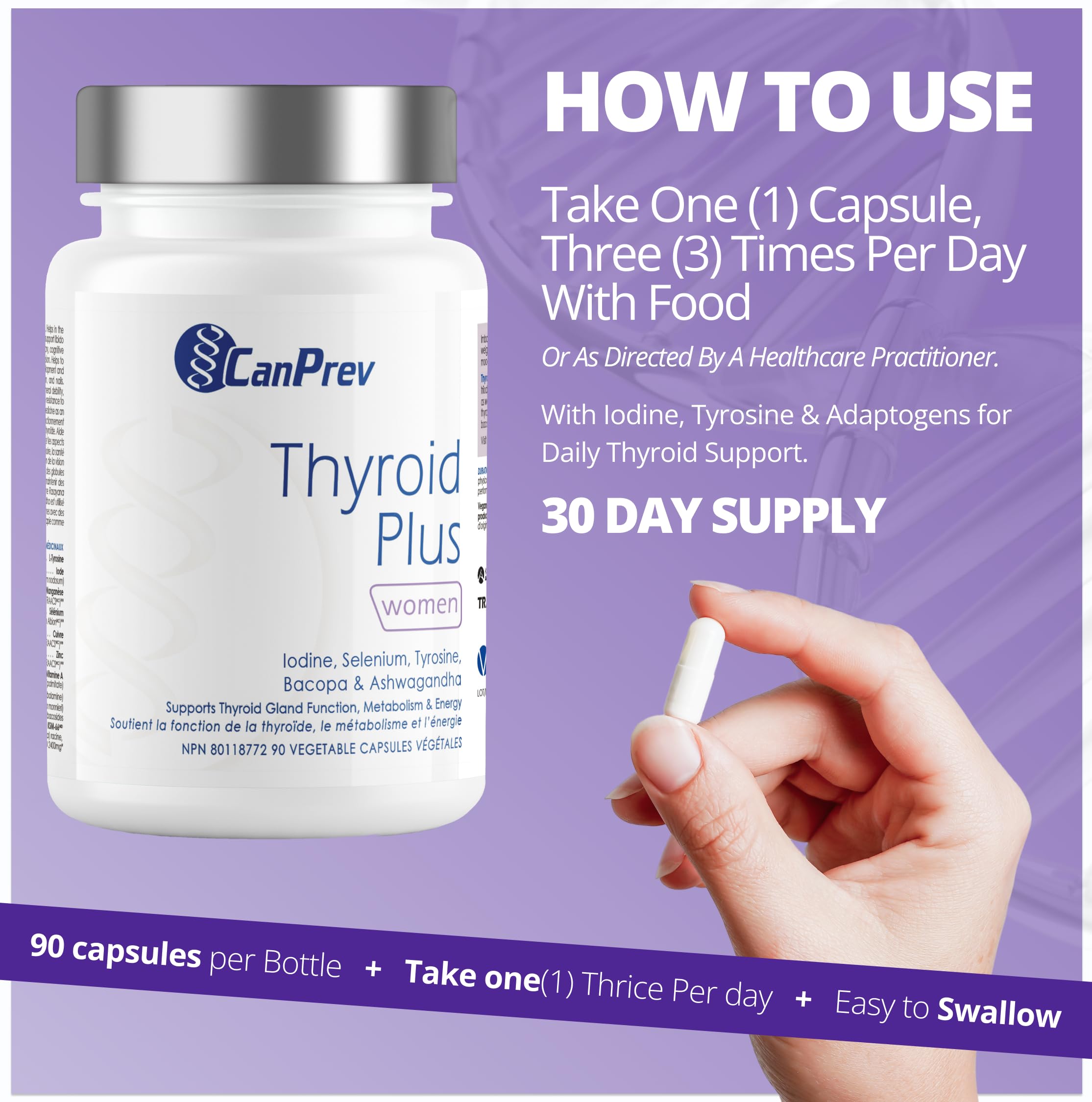 CanPrev Thyroid Plus pour femmes, 90 capsules, cure de 30 jours – Mélange de L-Tyrosine, Iode, Zinc, Cuivre, Manganèse et Ashwagandha KSM-66 pour soutenir l'énergie et le métabolisme – Suppléments pour le soutien de la thyroïde