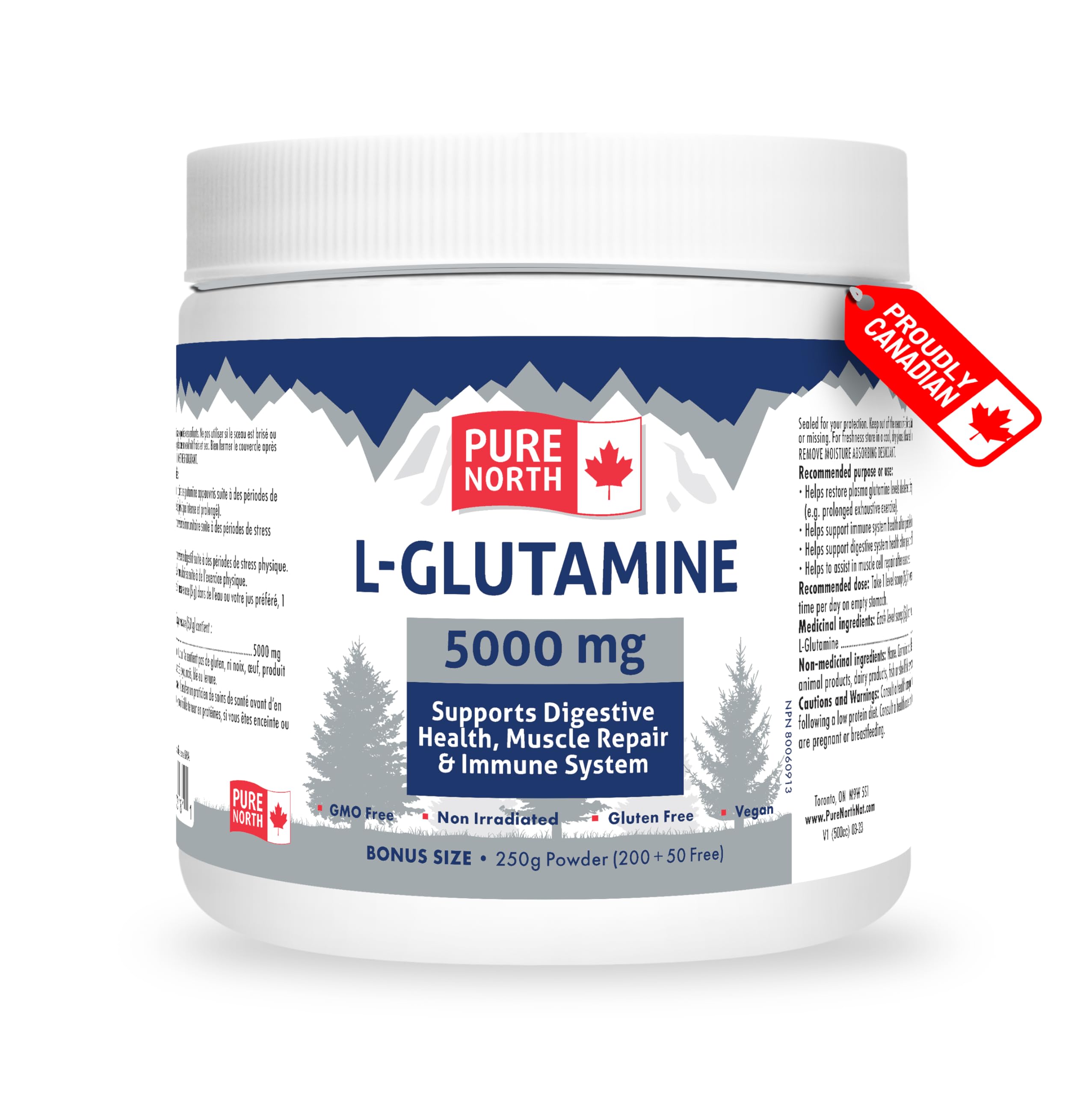 Pure North Naturals - L-Glutamine 5000mg, 250g Powder 50-Servings - Gut Health and Digestive Health - Support Muscle Repair & Support Immune System - 3rd Party Tested - Formulated & Made in Canada
