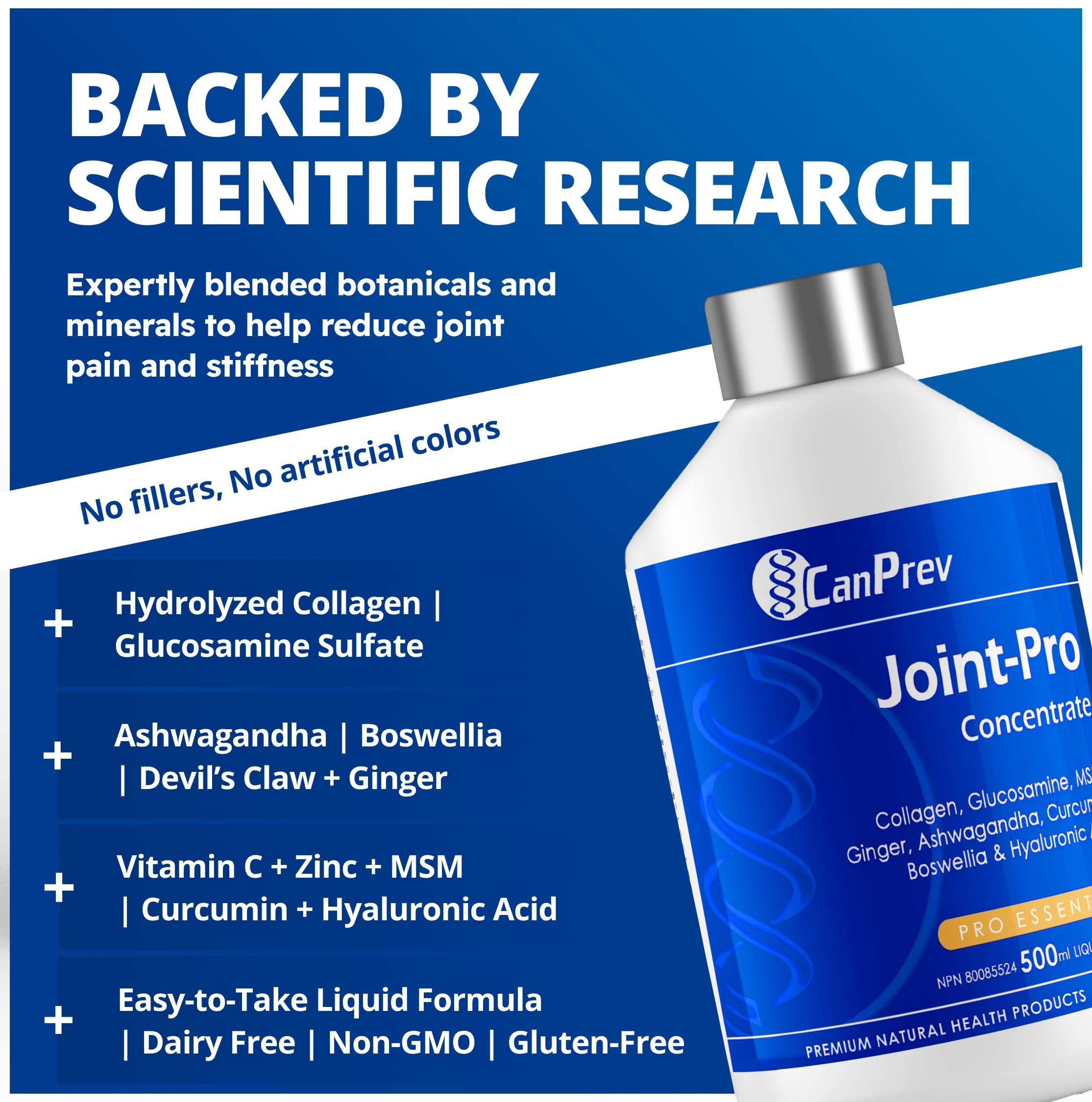 CanPrev Joint-Pro Concentré liquide 500 ml Approvisionnement de 33 jours - Soutien articulaire avancé avec collagène hydrolysé, glucosamine, MSM et ashwagandha, favorise le confort, la mobilité et la flexibilité, supplément de collagène