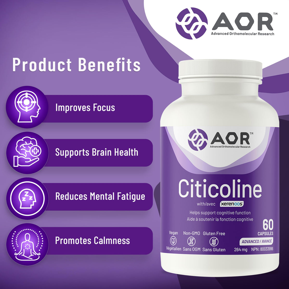 AOR Xerenoos Citicoline Supplement, 250 mg, 60 Capsules, 30-Day Supply