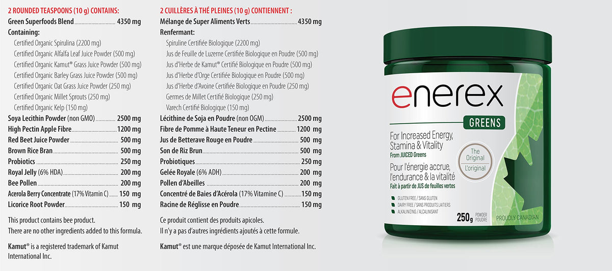 ENEREX - Organic Juiced Greens Powder 250g - Formulated with Royal Jelly & Bee Pollen - Natural Vitamin, Mineral, Enzyme Content with Probiotics - Gluten and Dairy-Free