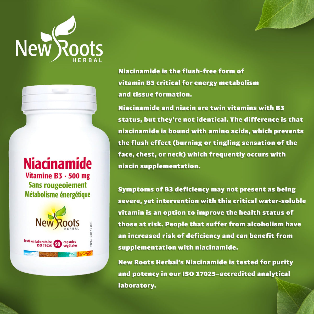 New Roots Herbal Niacinamide 500 mg, Niacin, Vitamin B3, 90 Veg Capsules
