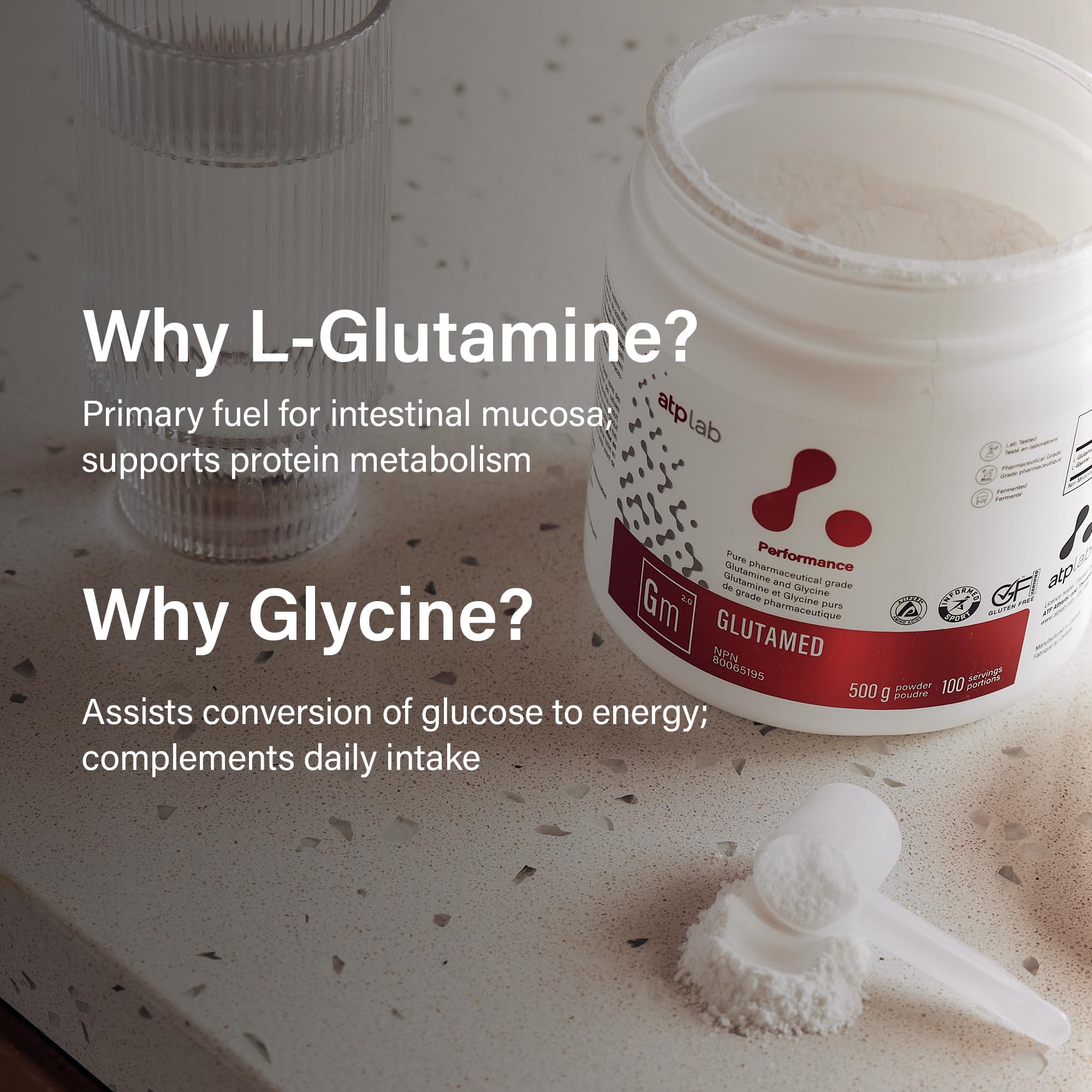 ATP LAB Glycine en poudre avec L-Glutamine, 500g 100 portions - Mélange d'acides aminés purs biologiques de qualité pharmaceutique - 3g de glycine par portion
