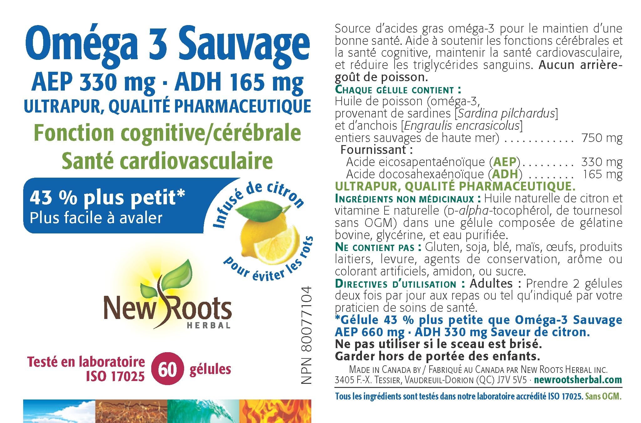 New Roots Herbal Wild Omega 3 Fish Oil 750mg 60 Softgels 30-Day, EPA 330mg DHA 165mg, Supports Cognitive Health & Brain Function, Lemon Flavor, Non-GMO