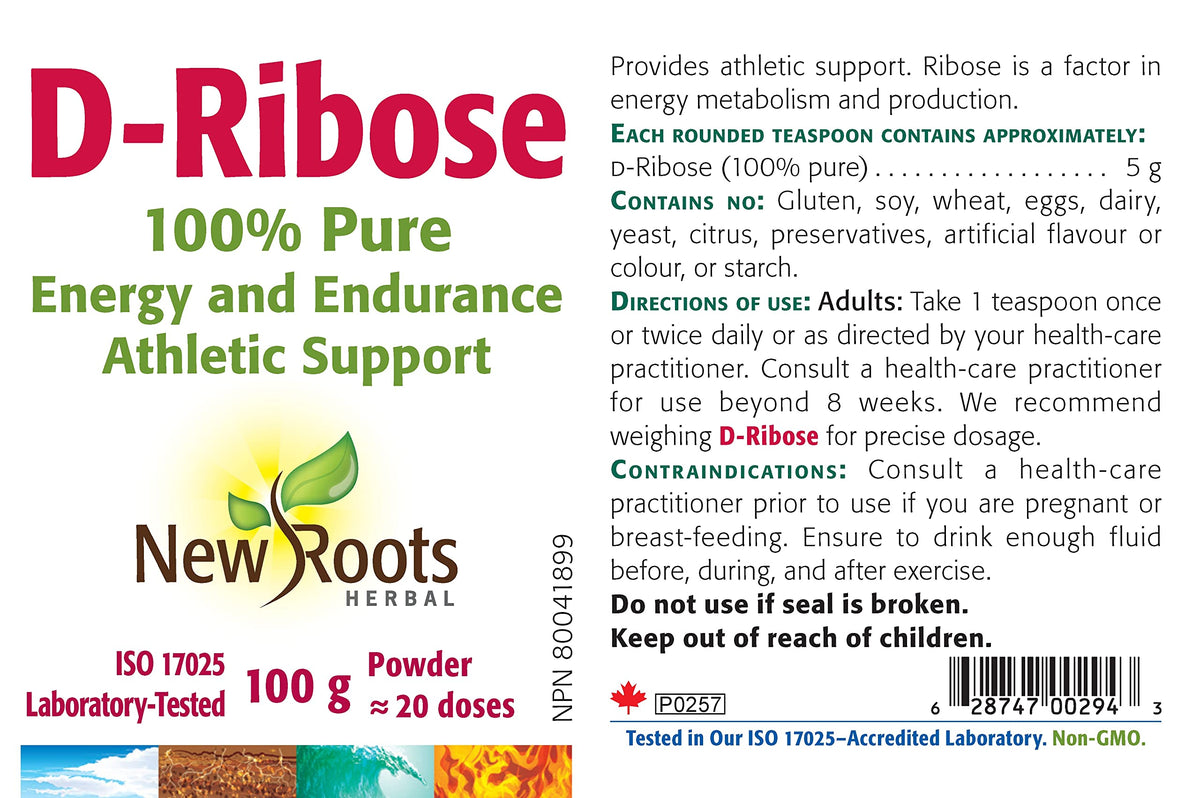 New Roots Herbal D Ribose Powder, ATP Support, Non GMO, 100 g, Unflavoured