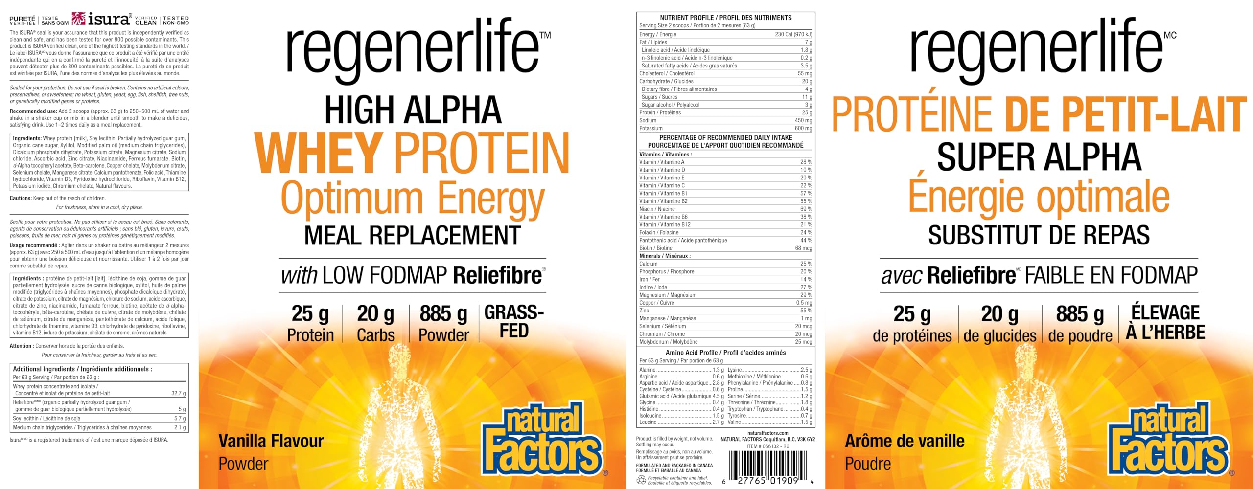 Natural Factors Regenerlife High Alpha Whey Protein Meal Replacement, Vanilla Flavour, 885 g Powder, 25 g of Protein + 5g of Low-FODMAP Reliefibre, Grass-Fed Whey, Proudly Canadian