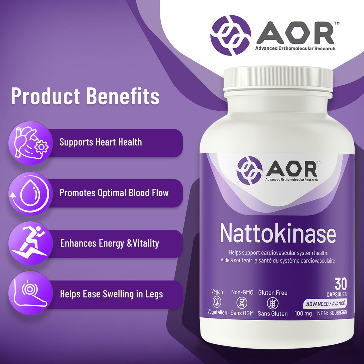 AOR Nattokinase Supplement, 100 mg 2,000-2,800 FU, Gluten Free, 60 Caps