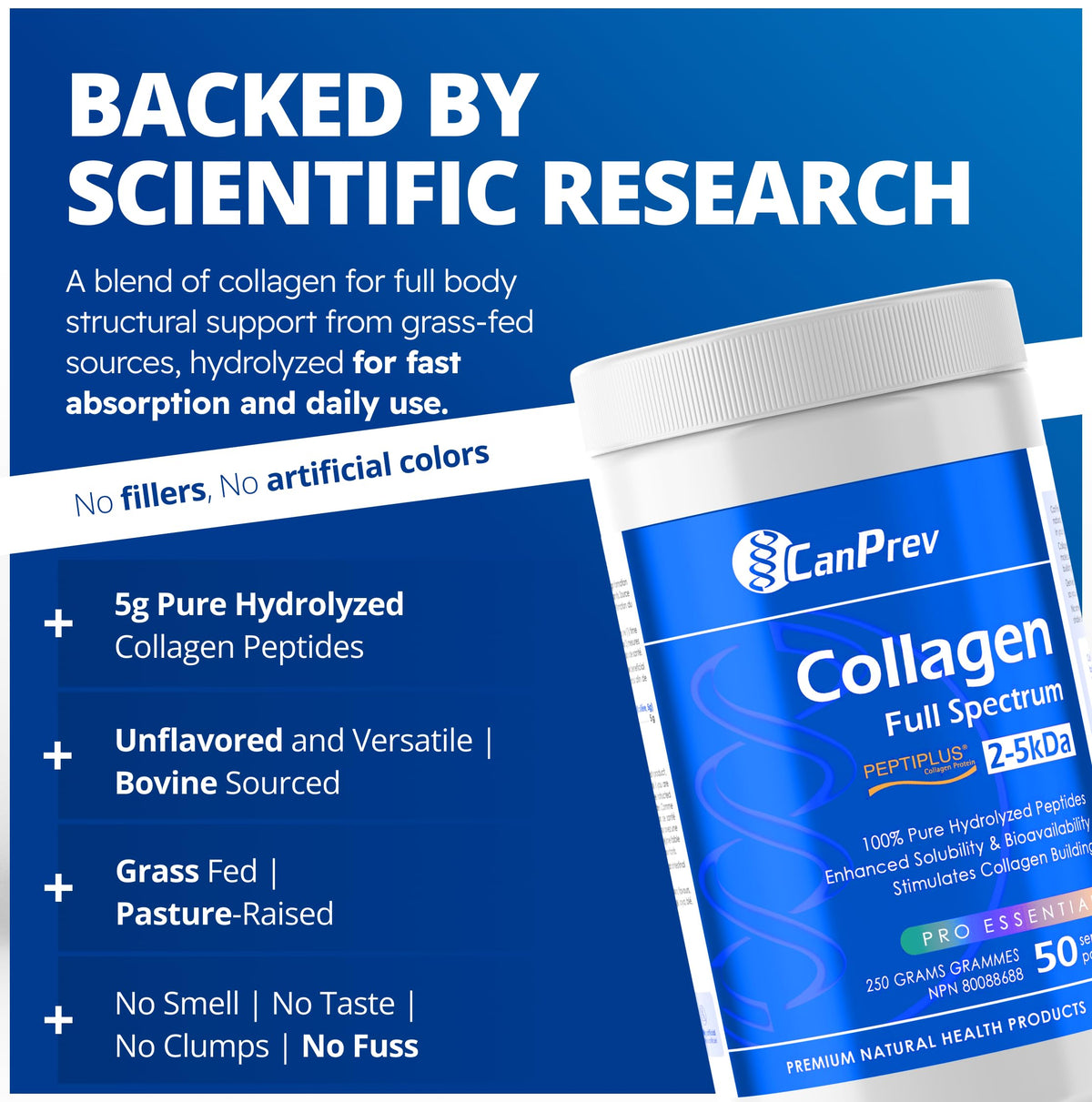 CanPrev Collagen Powder, Full Spectrum Peptiplus, Bovine, 250g, 50 Servings