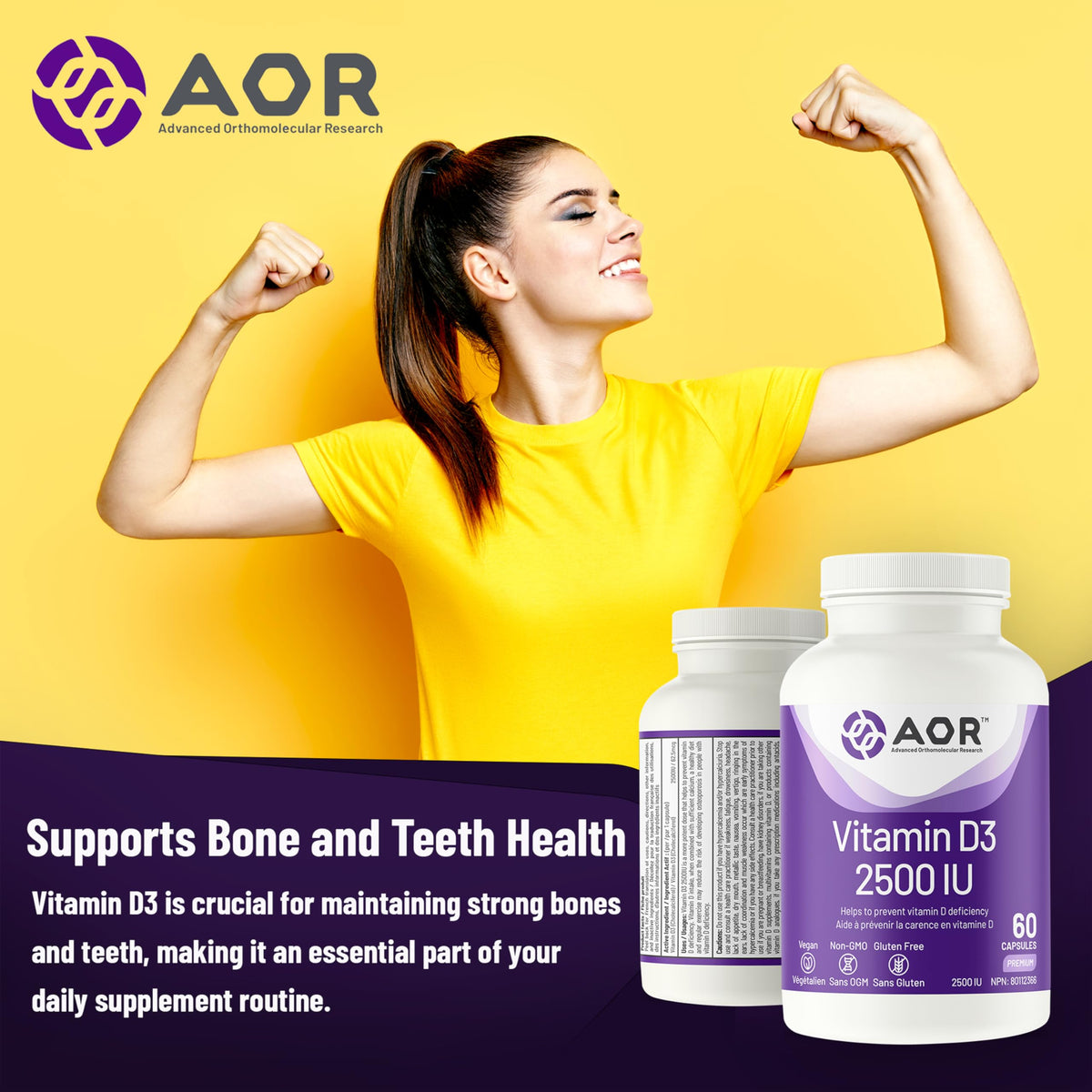 AOR Vitamin D3 2500 IU Capsules, Vitamin D, 60 Capsules, 60 Day Supply