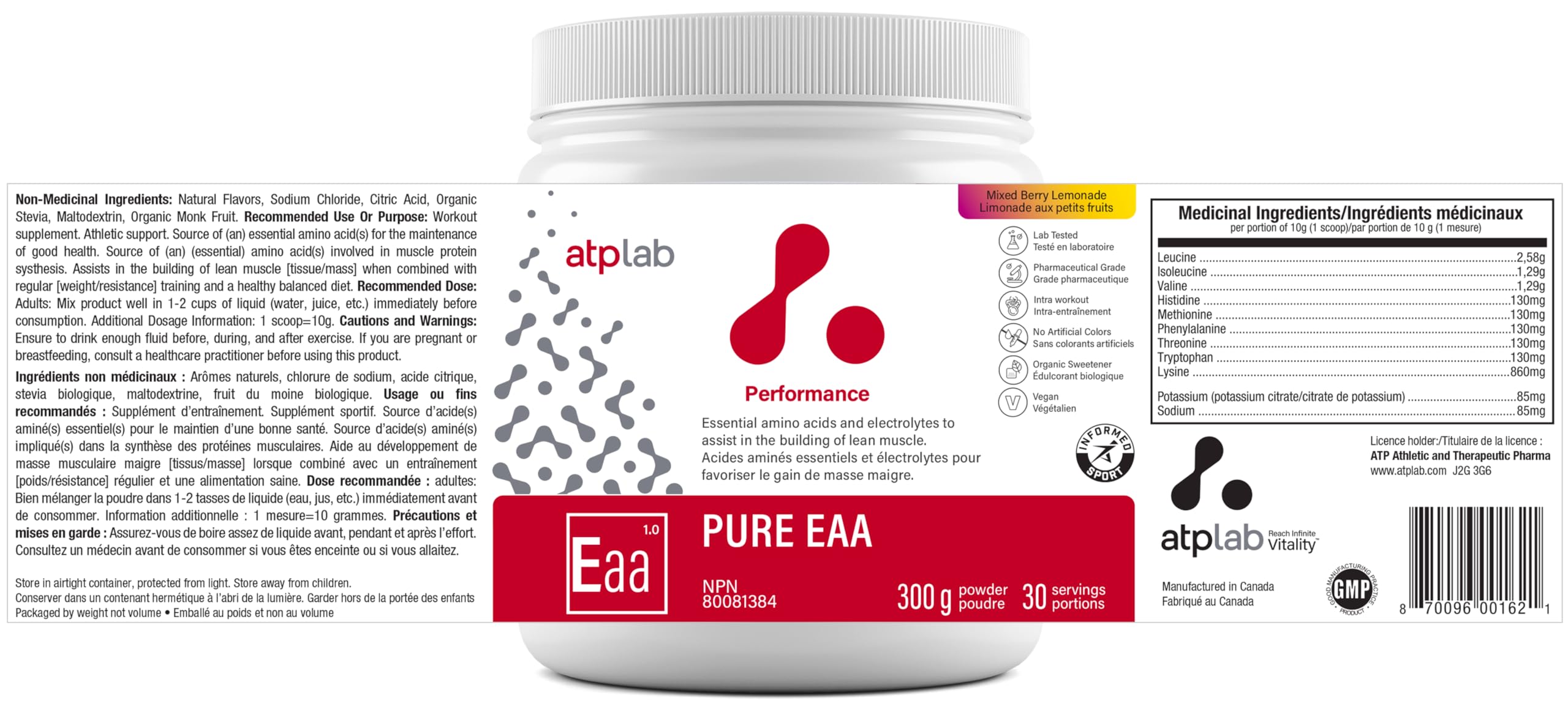ATP LAB - Pure EAA en Poudre 300g (Saveur Framboise) - Supplément EAA - Poudre d'Acides Aminés Essentiels - Développement Musculaire - Récupération Musculaire