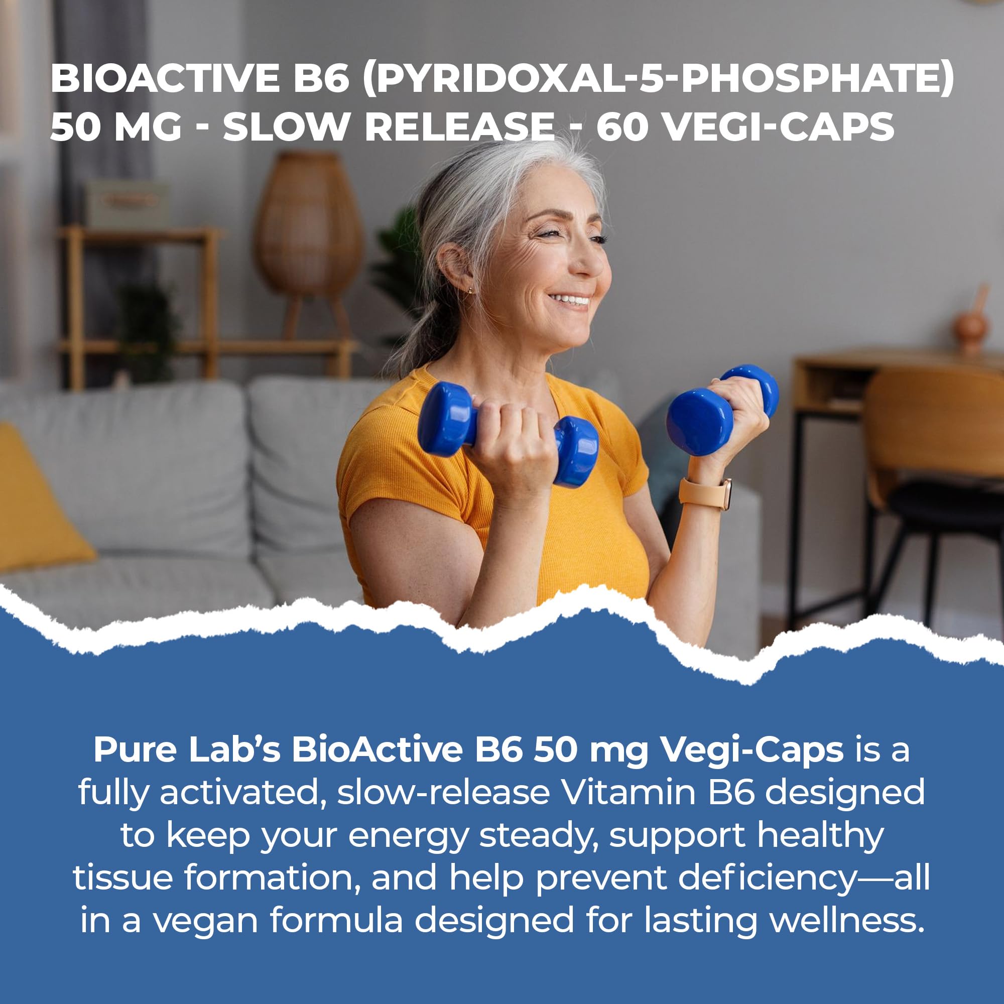 Pure Lab Vitamins B6 Bioactive (Pyridoxal-5-Phosphate) 50 mg - Libération Lente - 60 Gélules Végétales
