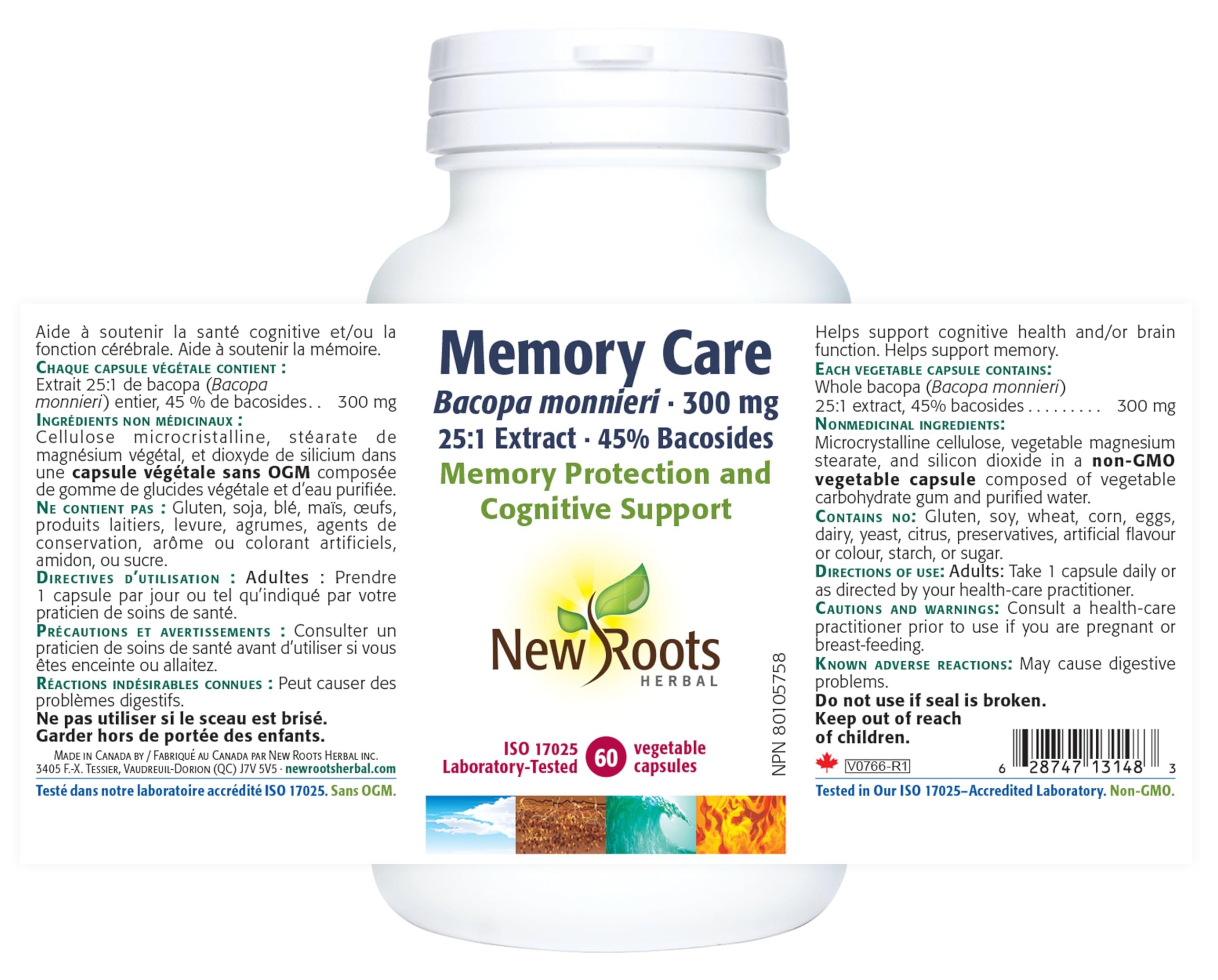 New Roots Herbal - Memory Care Bacopa Monnieri 300mg, 60 Capsules 60-Day Supply - Supplement for Cognitive Support & Memory Protection - Enhances Brain Function, Focus & Clarity - Gluten-Free Formula