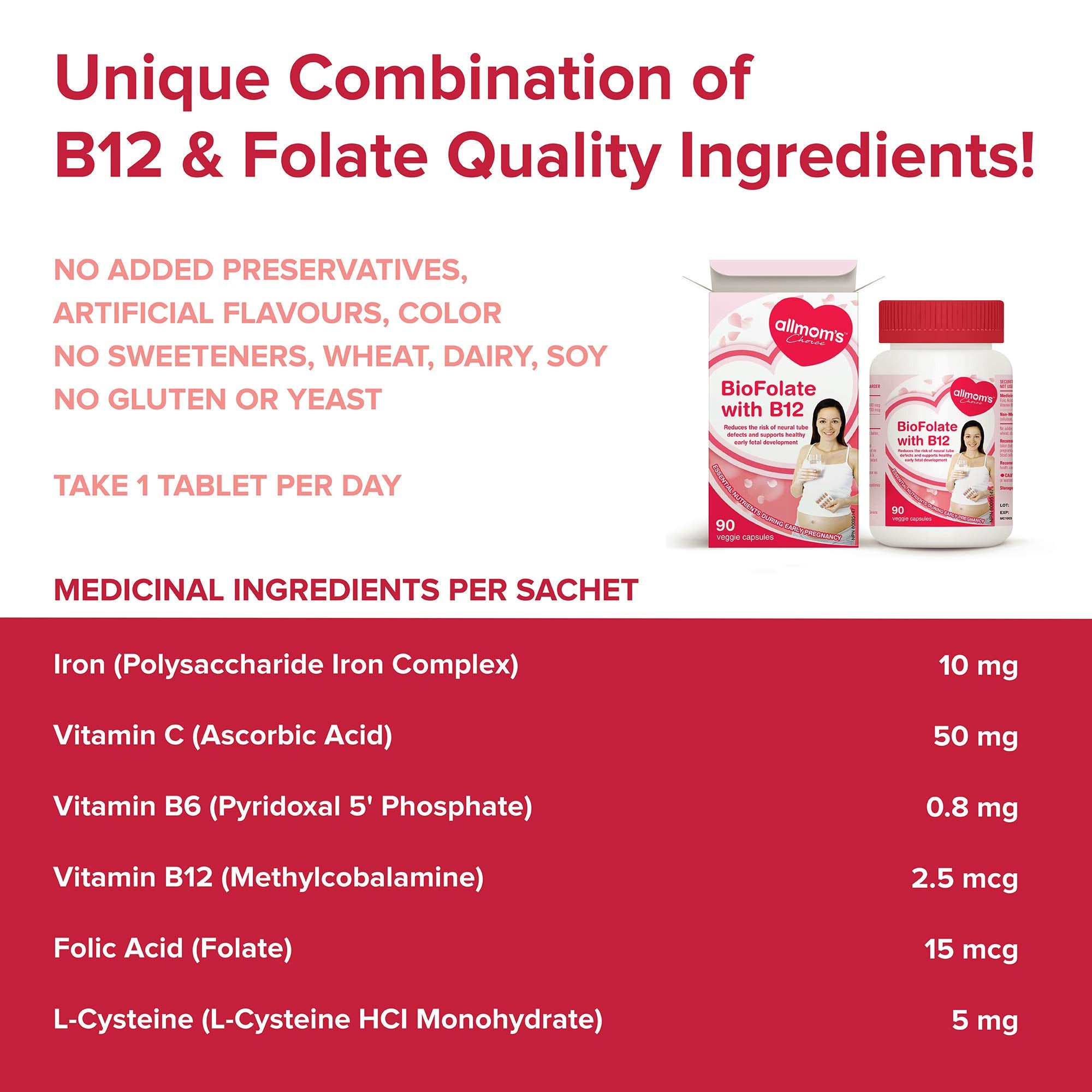 Supplément de grossesse végétalien à base d'acide folique et de vitamine B12 - Contient 400 µg de folate ou d'acide folique - Réduit le risque d'anomalies du tube neural et aide à la formation des globules rouges - 90 comprimés - Allmom's Choice