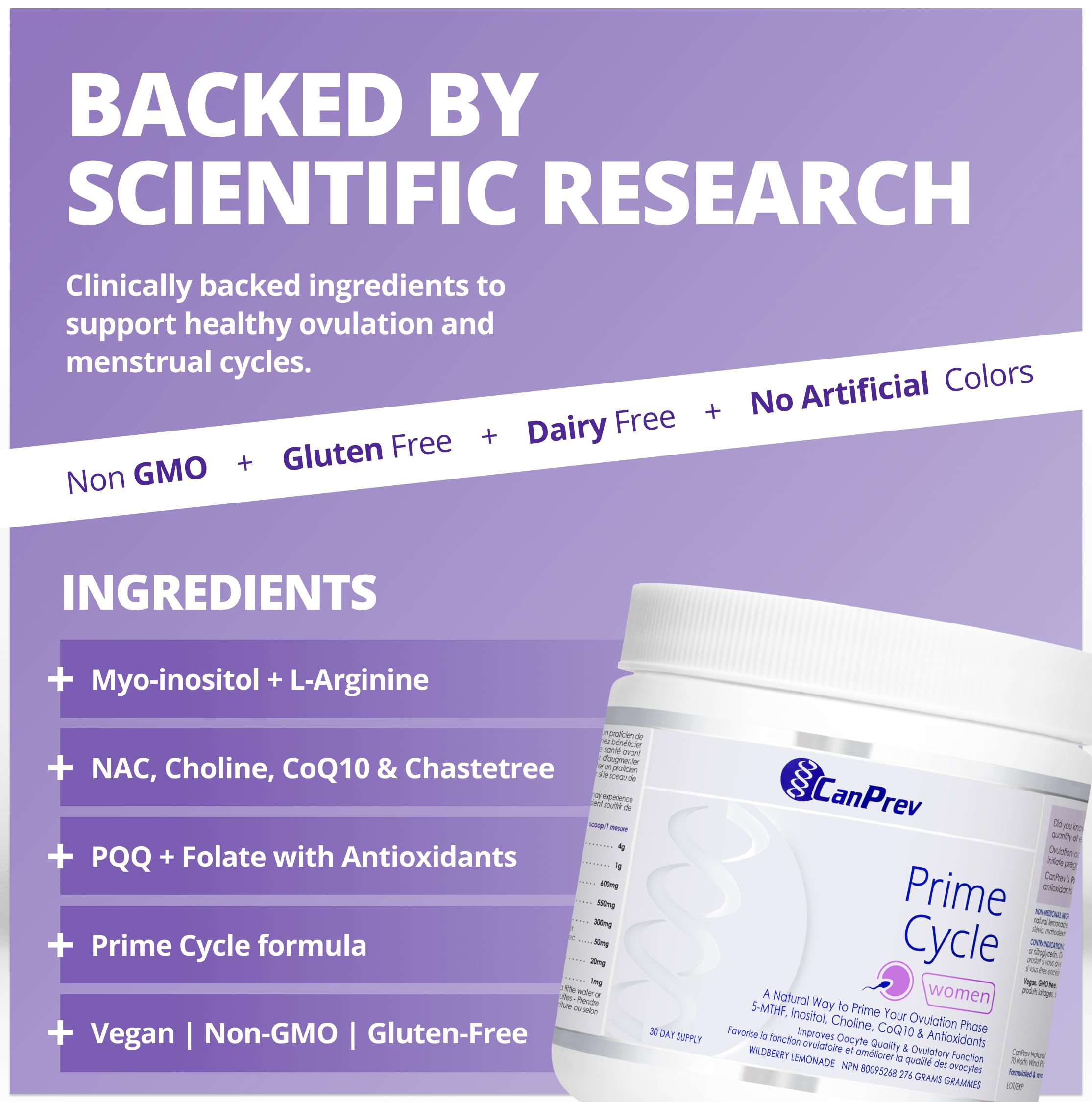 CanPrev Prime Cycle pour femmes, 276 g, cure de 30 jours – Poudre d'inositol pour soutenir une fonction ovulatoire saine et la qualité des ovocytes avec du Myo-Inositol, du Coenzyme Q10 – Soutient la fertilité et le développement précoce