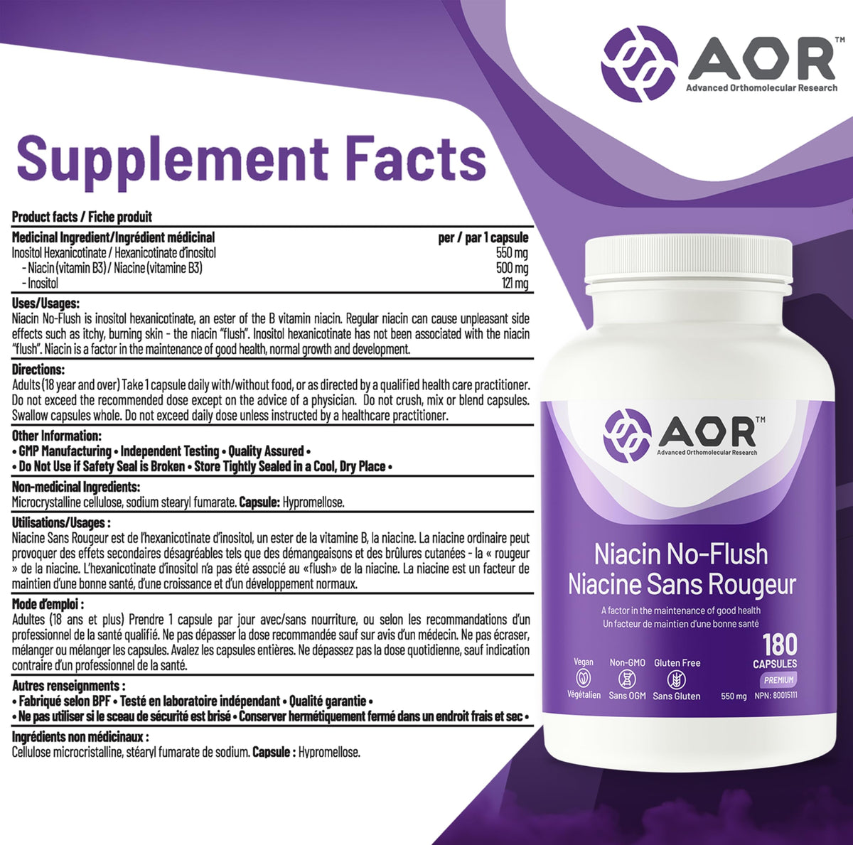 AOR No Flush Niacin Capsules, 500 mg Niacin, 180 Capsules, 6 Months Supply