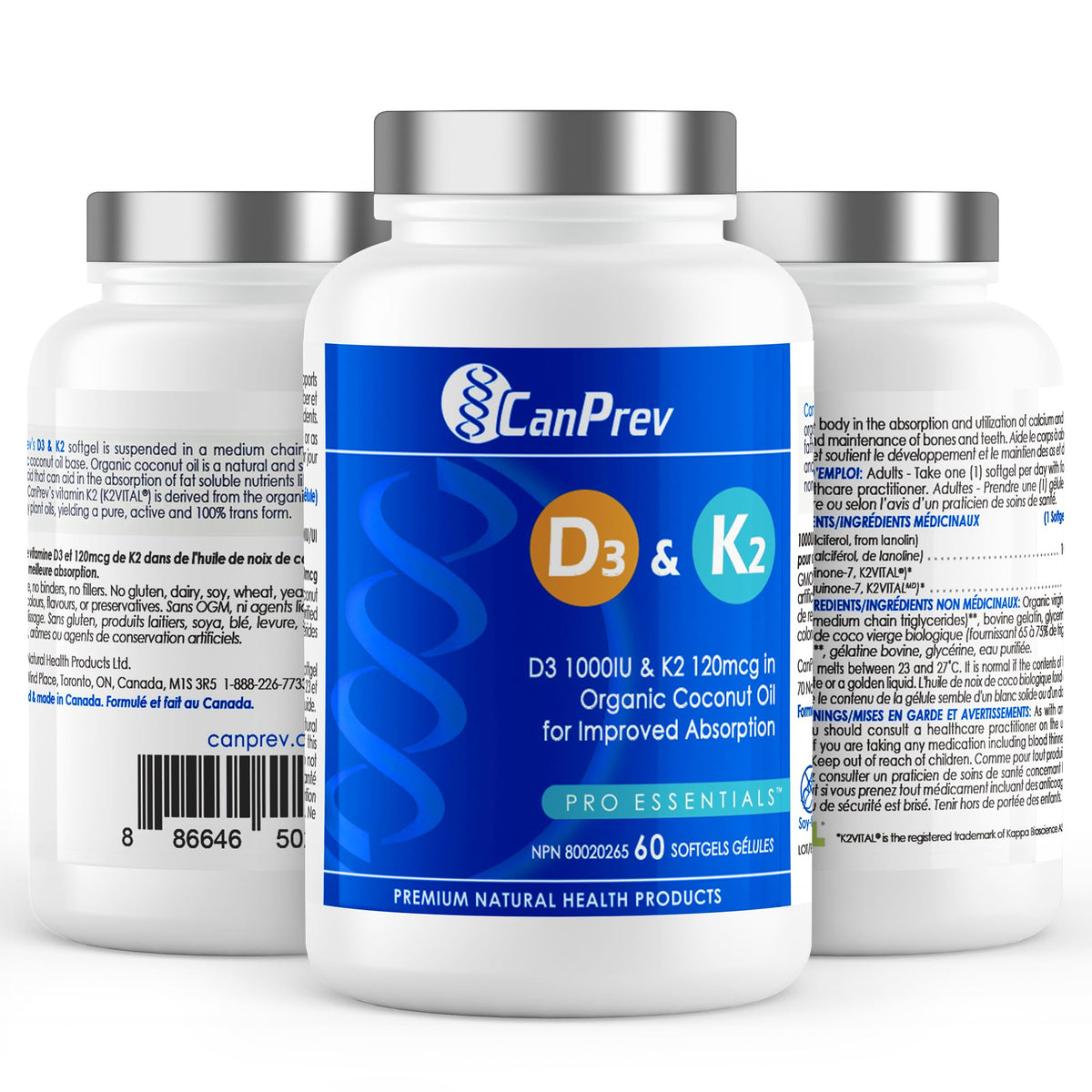 CanPrev Vitamin D3 K2 Supplement, Coconut Oil, 60 Softgels, 60 Day Supply