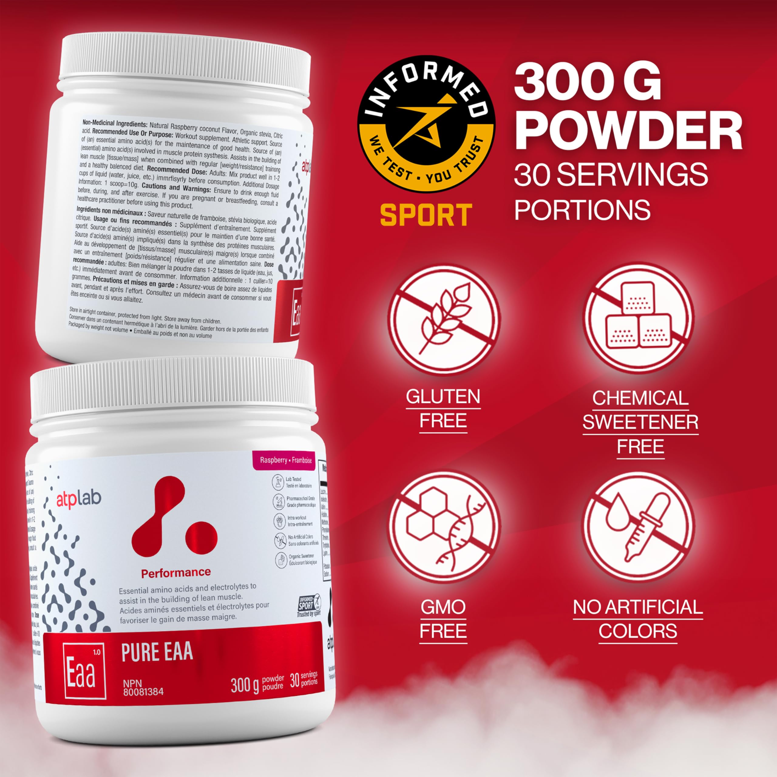 ATP LAB - Pure EAA en Poudre 300g (Saveur Framboise) - Supplément EAA - Poudre d'Acides Aminés Essentiels - Développement Musculaire - Récupération Musculaire