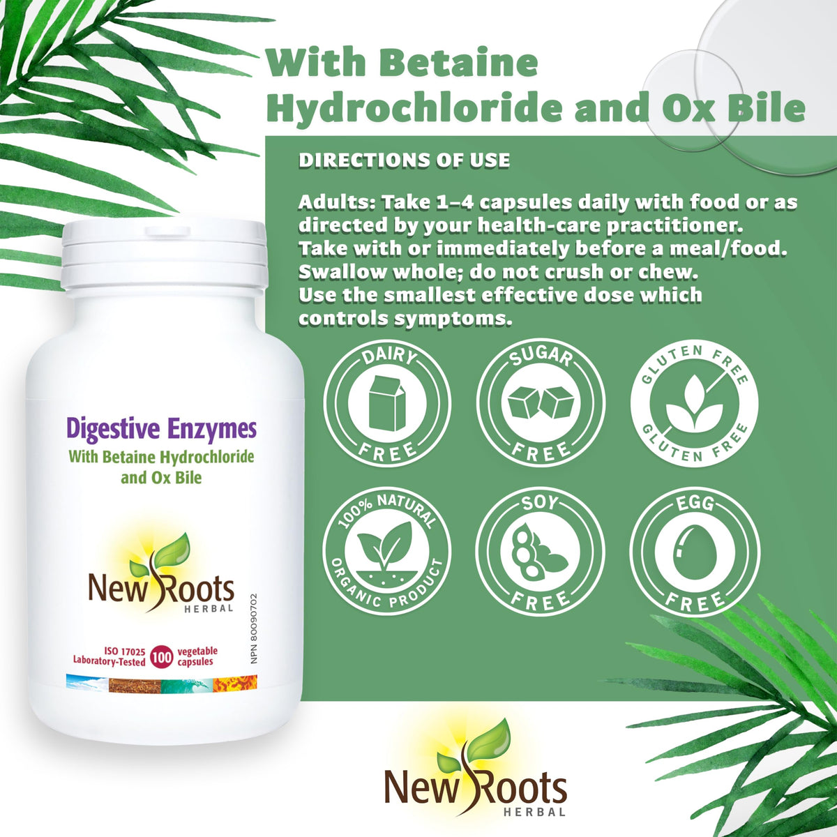 New Roots Herbal Digestive Enzymes, Betaine HCl, 100 Capsules