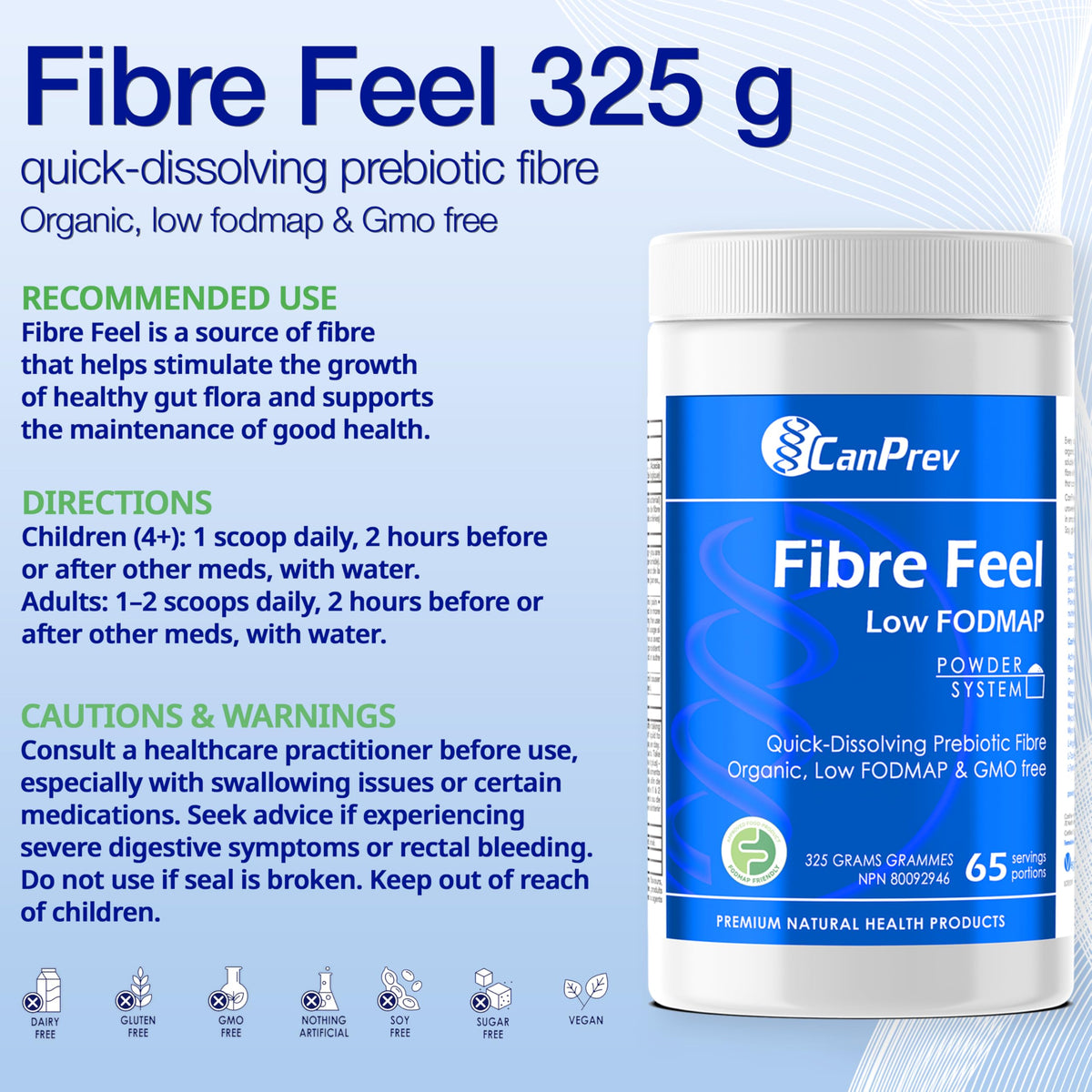 CanPrev Organic Fibre Feel Powder, 5g Acacia Fibre, Quick-Dissolving, 325g
