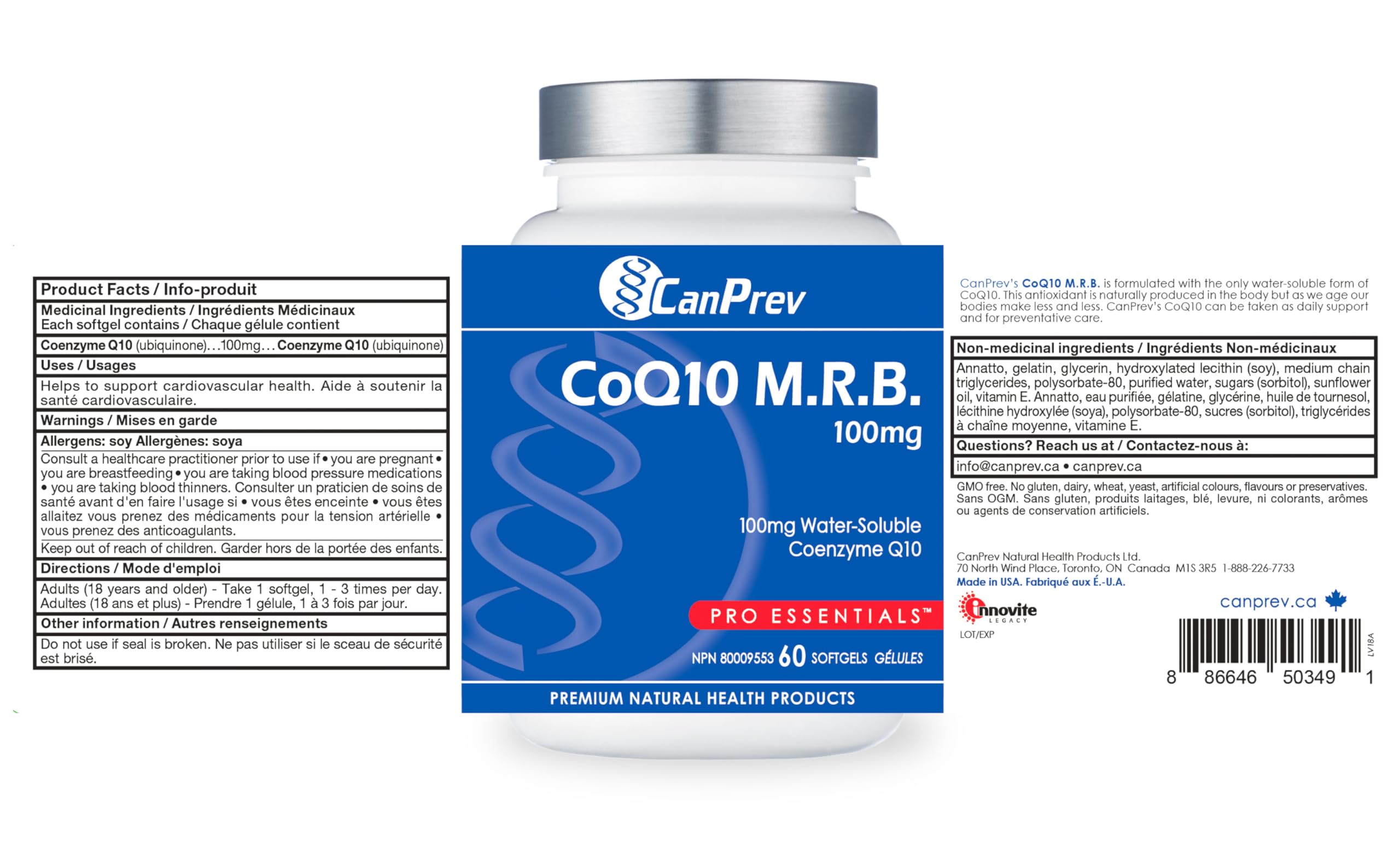 CanPrev - CoQ10 M.R.B. 100mg, 60 Softgels 60-Day Supply - Helps to Maintain and Support Cardiovascular Health - Formulated with Water Soluble Coenzyme Q10 - Non-GMO and Gluten-Free