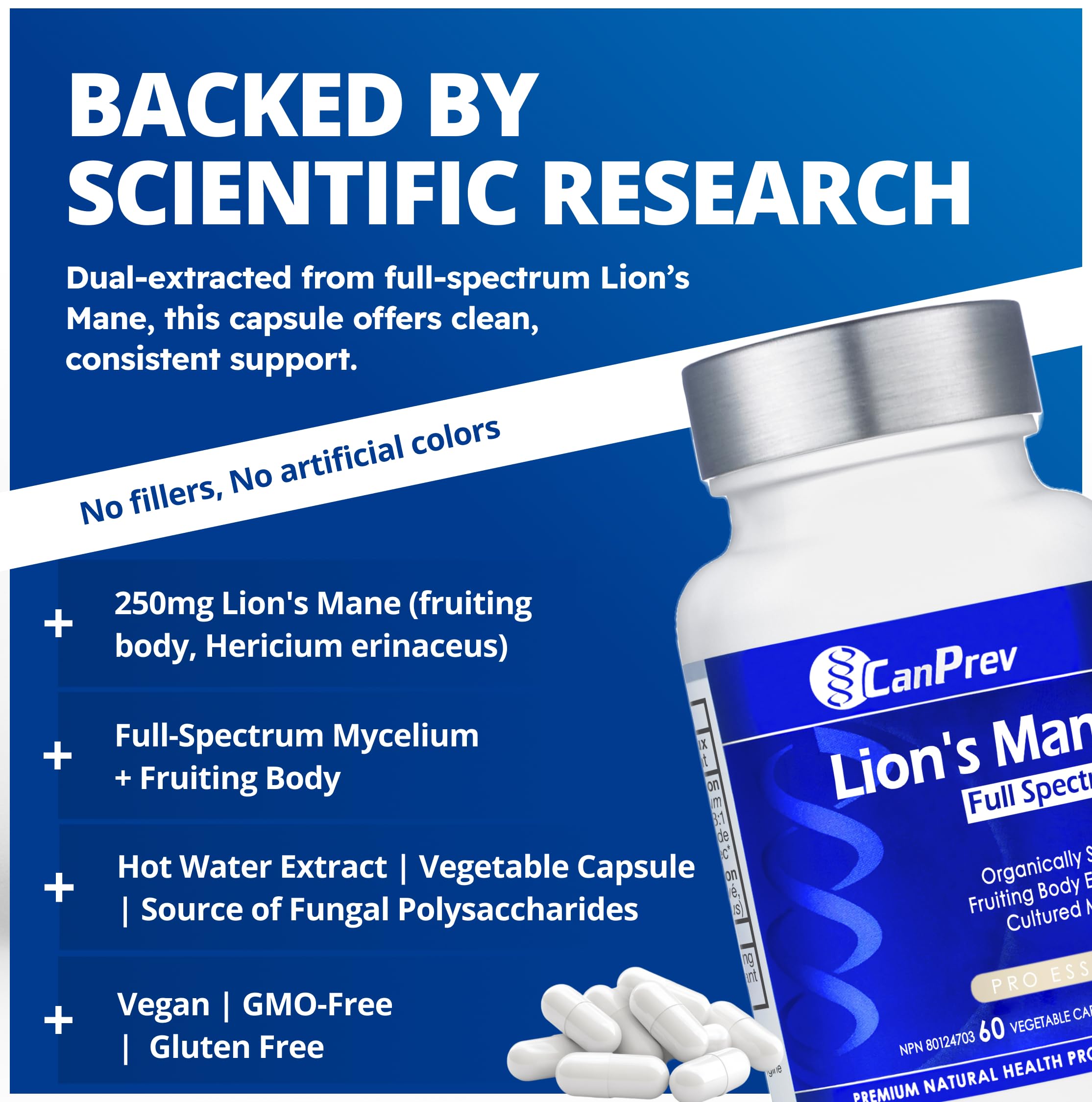 CanPrev Lion's Mane Full Spectrum Mushroom Supplement, 60 Veg Caps 2-Month Supply, Featuring Fruiting Body & Mycelium, Supports for Mental Clarity, Daily Focus & Cognitive Function, Vegan, Gluten-Free