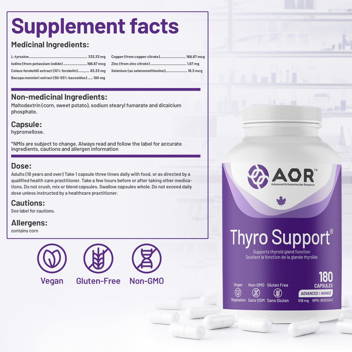 AOR Thyro Support Capsules, Selenium, Zinc Copper, 180 Caps, 60 Day Supply