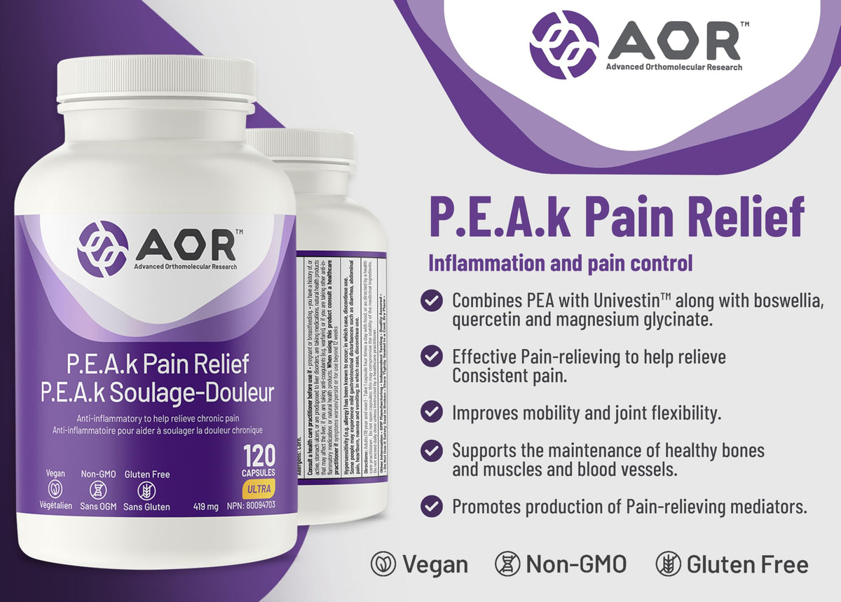 AOR P.E.A.K Pain Relief PEA, Univestin, Magnesium Glycinate, 120 Caps