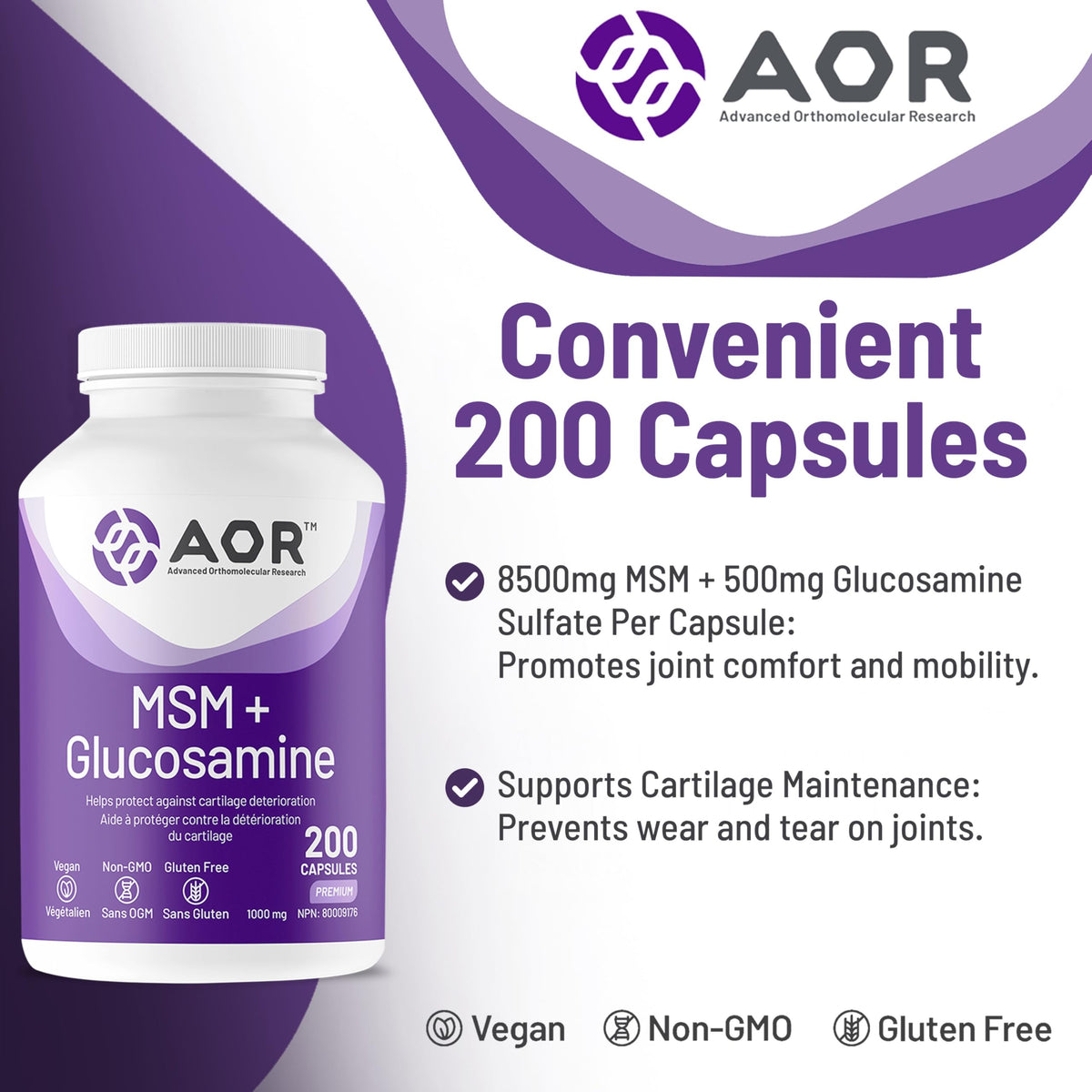 AOR MSM Glucosamine Capsules, 500 mg, Gluten Free, 200 Caps, 66 Day Supply