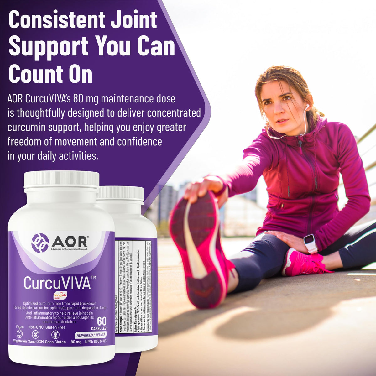 AOR CurcuVIVA Turmeric Curcumin Capsules, 80 mg, Gluten Free, 60 Day Supply