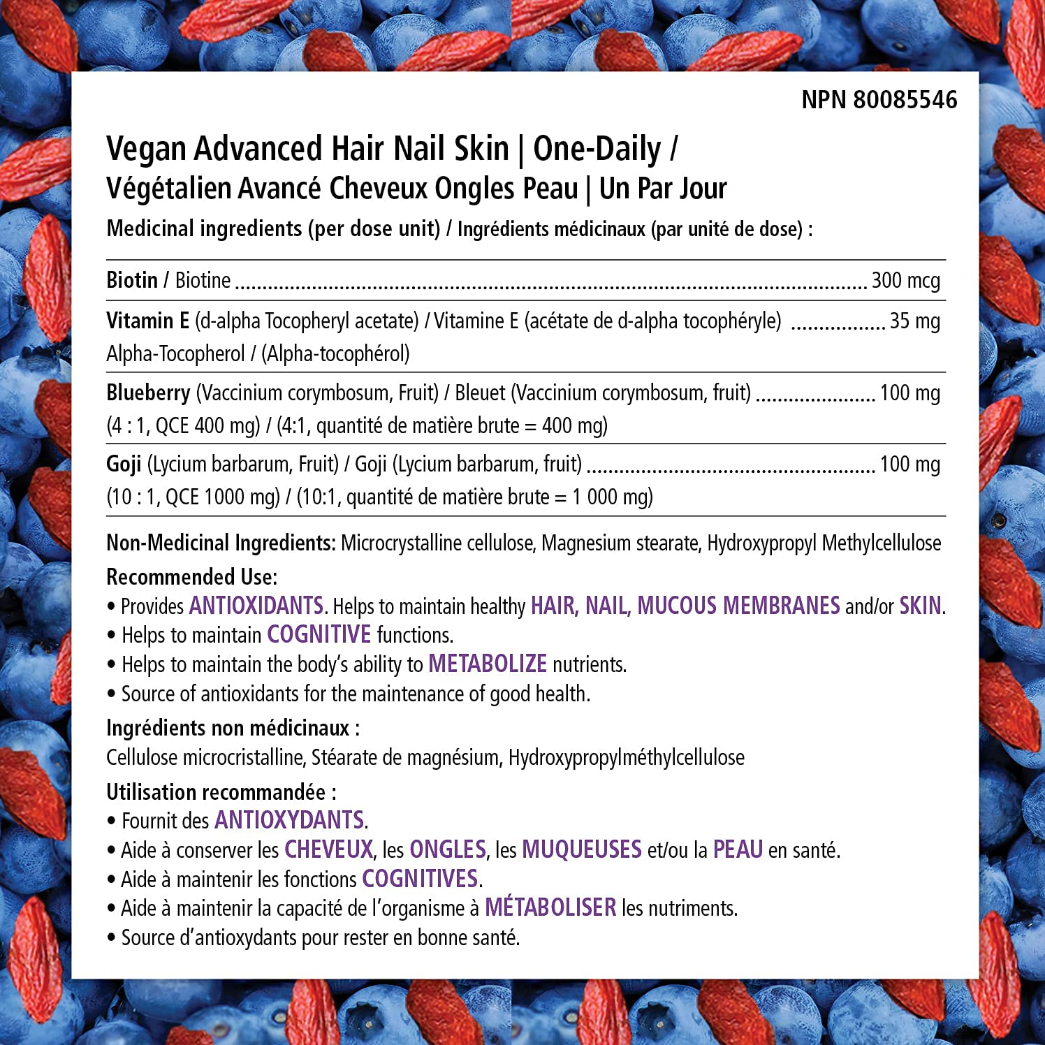 VEGANLY Vegan Advanced Hair Nail Skin One-Daily. Canadian. 60 Veggie Capsules - Enriched Antioxidant Supplement - Improve Hair, Improve Skin Health and Nail Health - Plant Based with Biotin & Natural Superfood (NPN80085546)