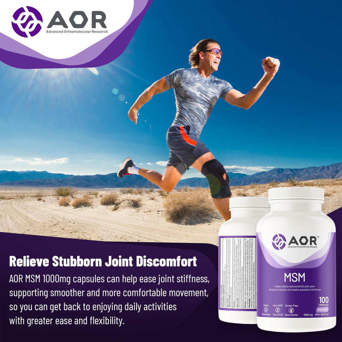 AOR MSM Joint Supplement, 1000 mg, 100 Vegan Capsules, Gluten Free, Non GMO