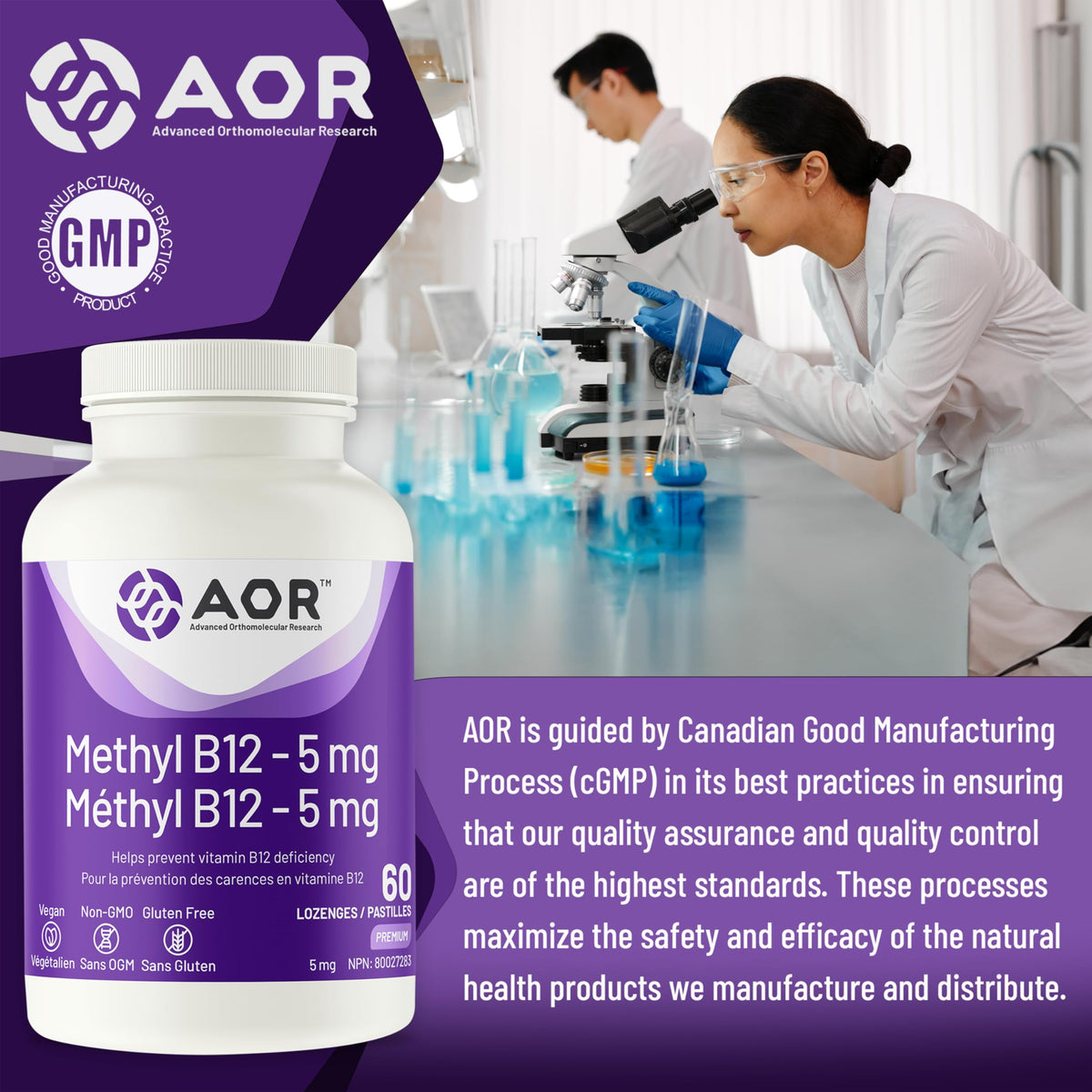 AOR Methylcobalamin Vitamin B12 Lozenges, 5 mg, 60 Lozenges & 60 Day Supply