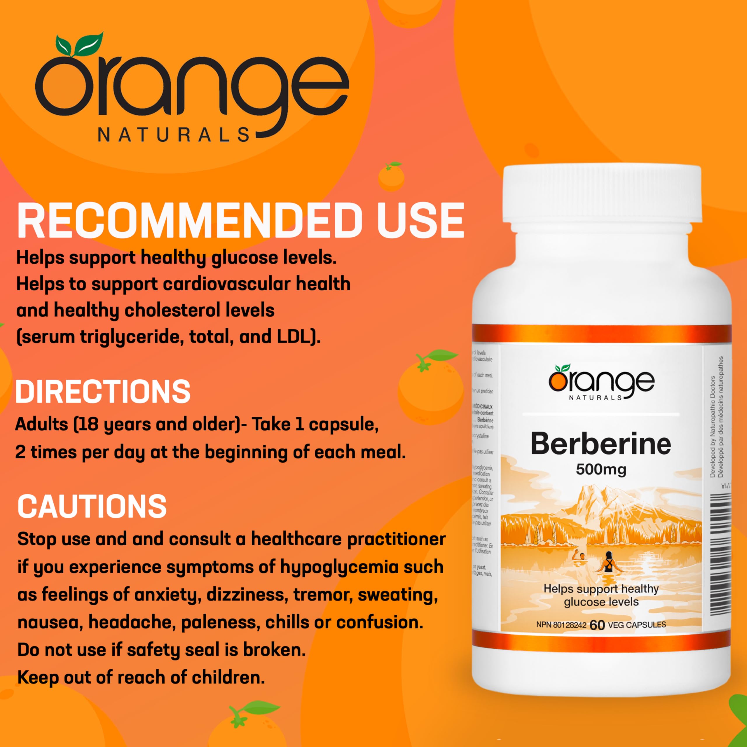 Orange Naturals - Berberine 500mg, 60 gélules (30 jours d'approvisionnement) - La berbérine aide à soutenir des niveaux de glucose sains, des niveaux de cholestérol sains et la santé cardiovasculaire - Végane et sans OGM - Soutien métabolique naturel