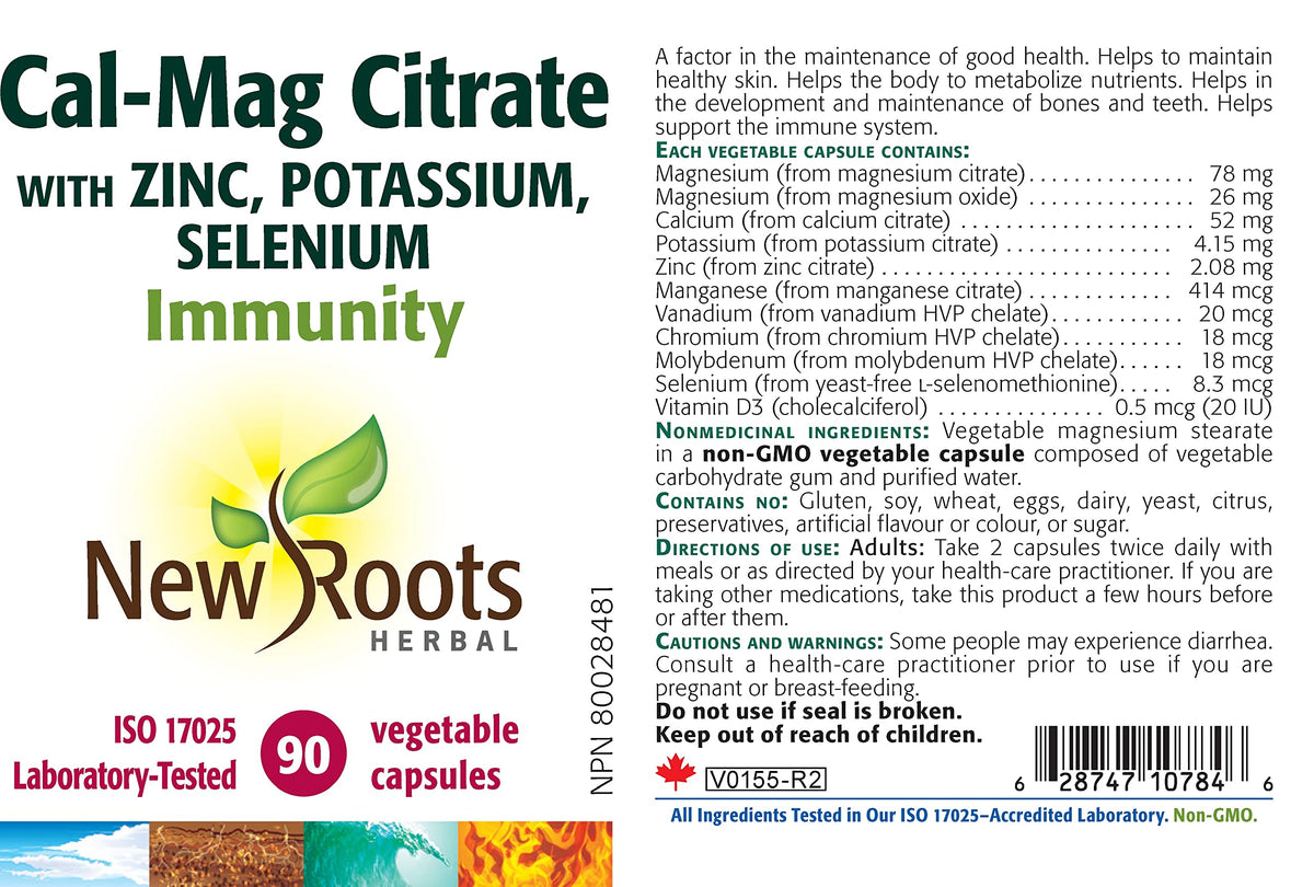 New Roots Herbal Calcium Magnesium Zinc Capsules, Non GMO, 90 Capsules
