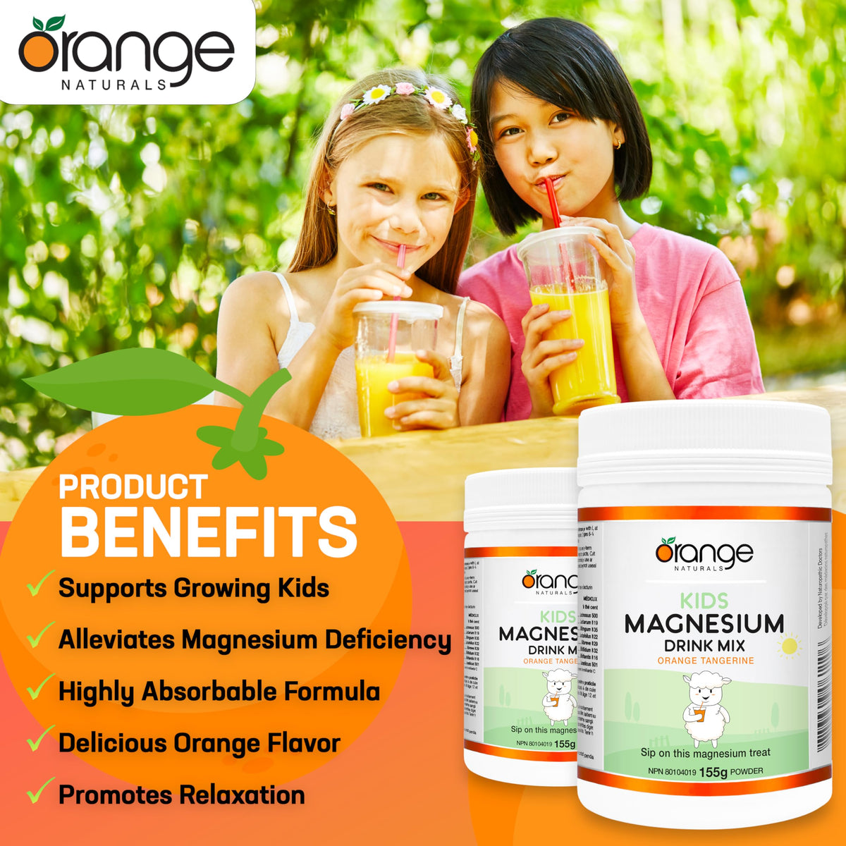 Orange Naturals - Kids Magnesium Drink Mix, Orange Tangerine Flavour, 155g Powder - Kids Magnesium Glycinate - Magnesium Drink Powder - Magnesium Supplement for Kids - Magnesium Powder Drink