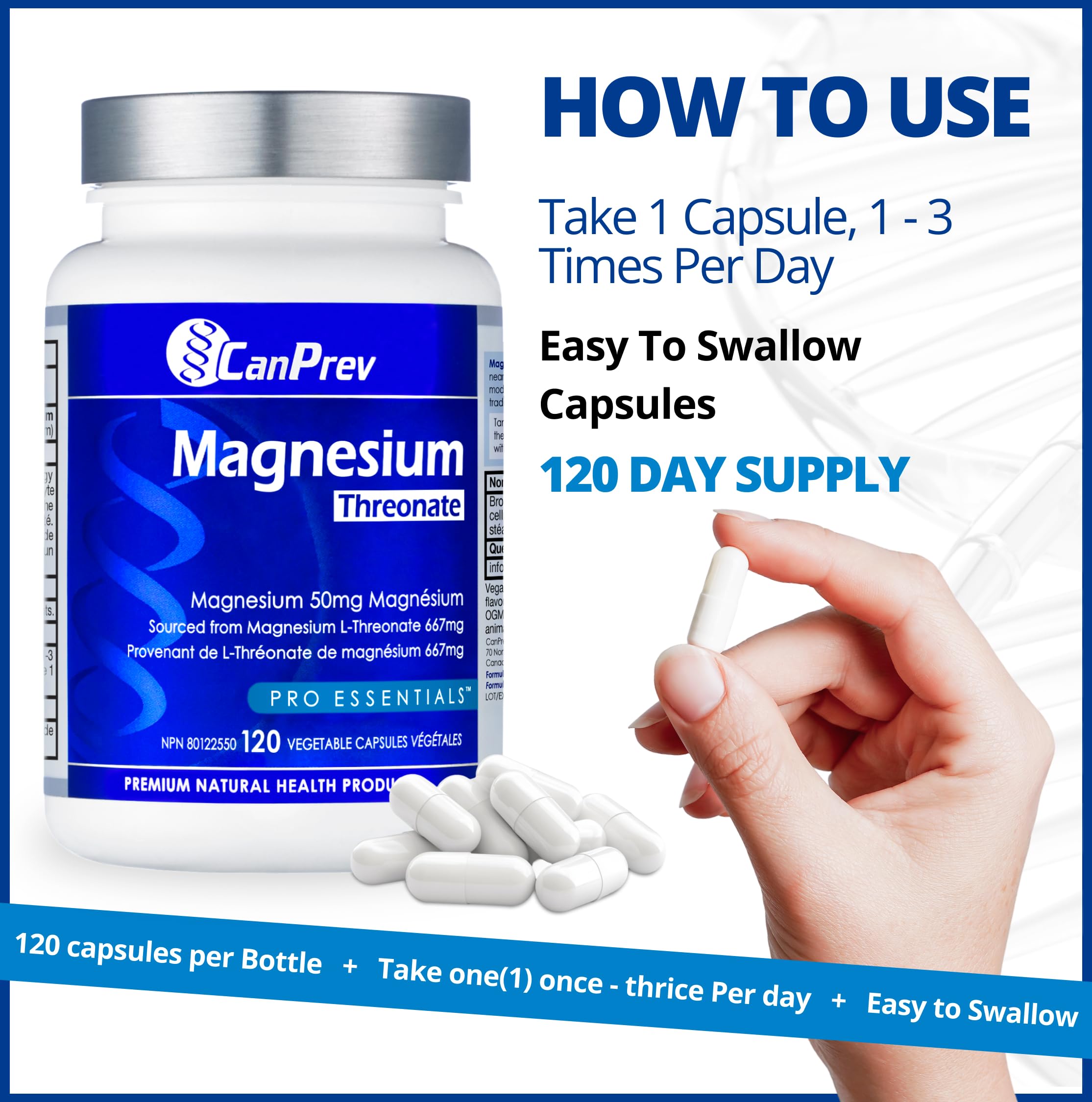 CanPrev Magnesium L-Threonate 50mg, 120 Capsules 120-Day Supply - Optimal Absorption Formula for Improve Sleep, Muscle Function, Maintain Healthy Electrolyte Balance - Vegan, Non-GMO and Gluten-Free